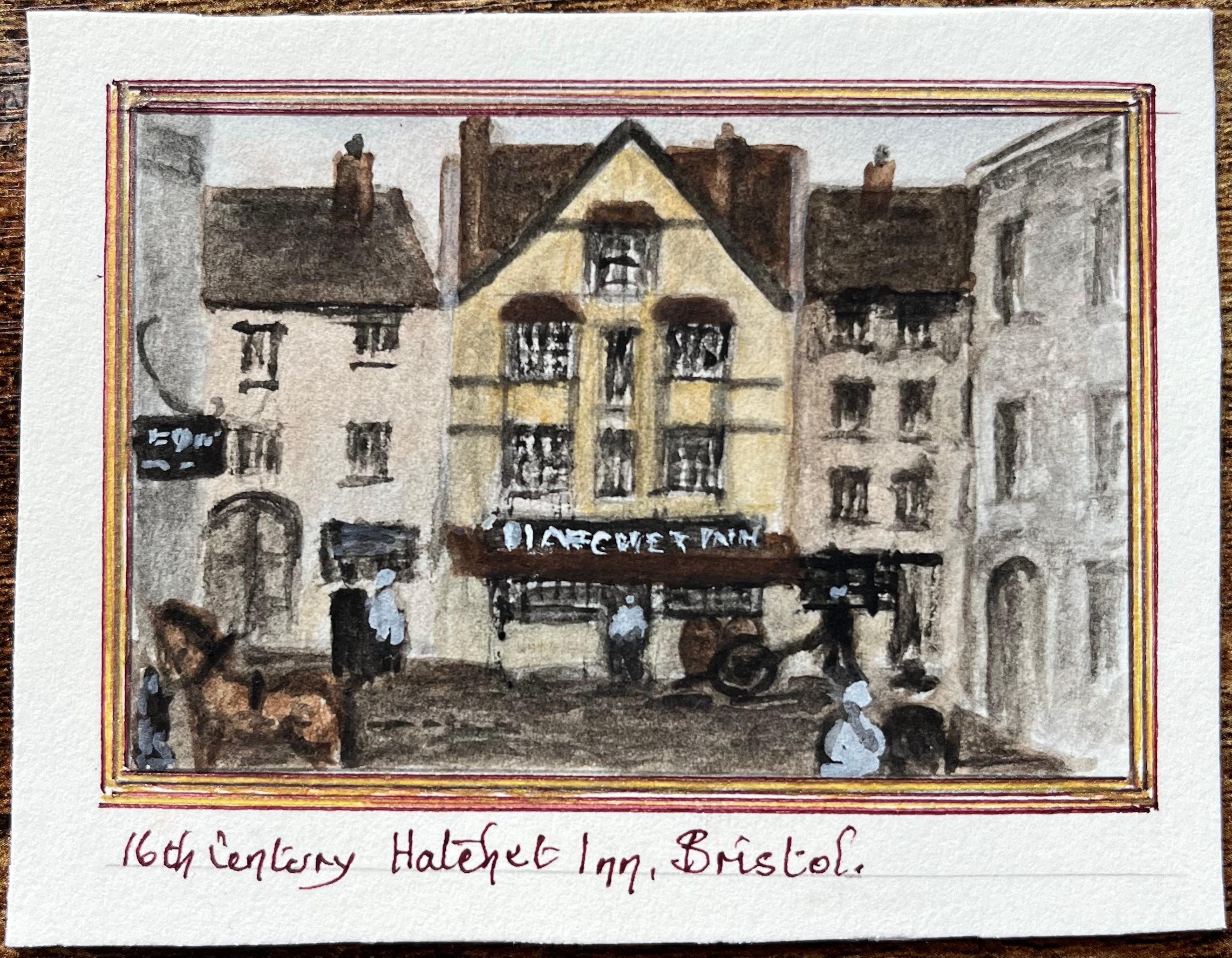 Historisches Miniatur-Aquarell des Hatchett Inn aus dem 16. Jahrhundert in Bristol – Painting von Jack Grunwell
