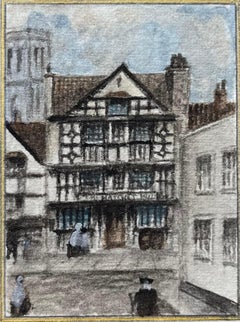 Acuarela histórica en miniatura de Ye Shakespeare Inn y Temple Tower en Bristol