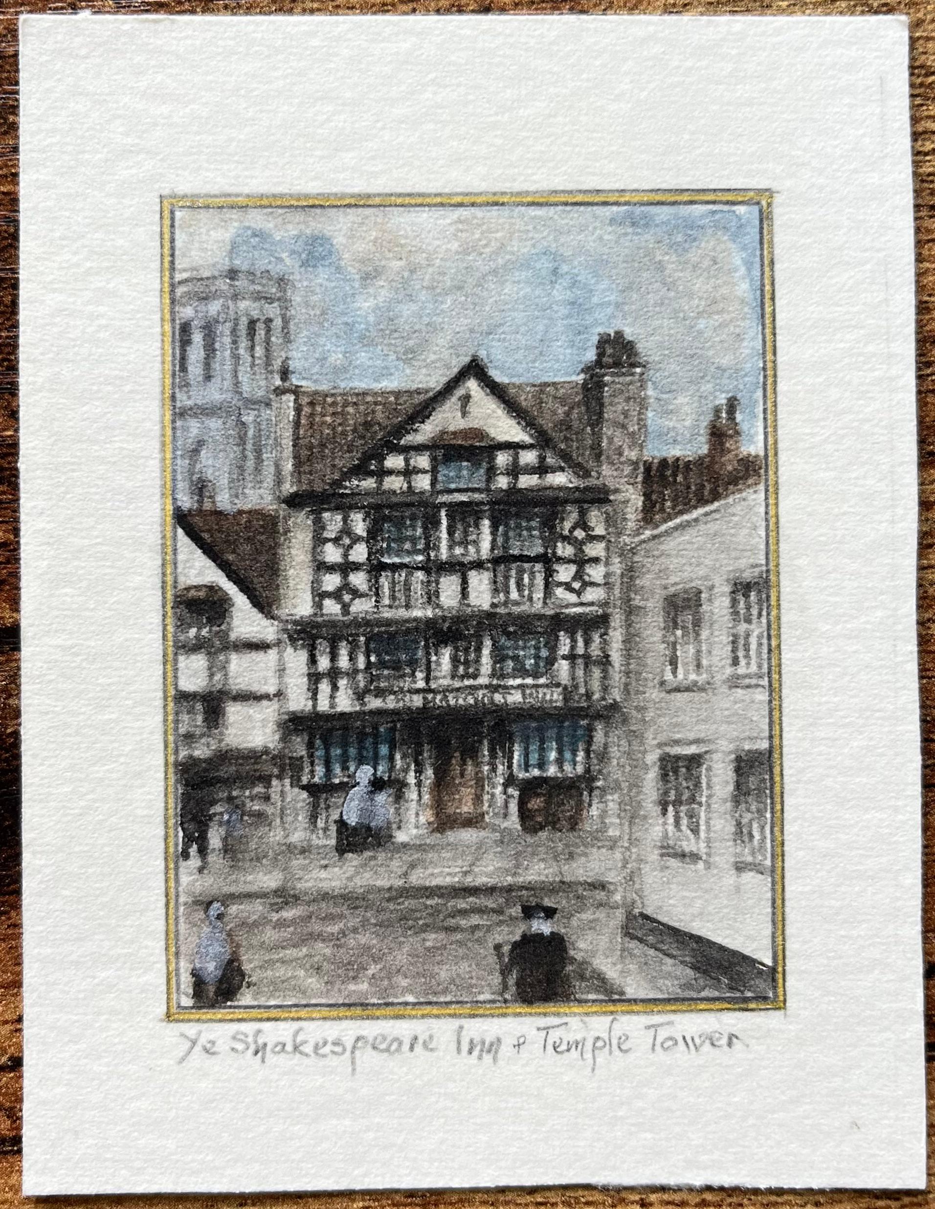 Historic Miniature Watercolor of Ye Shakespeare Inn and Temple Tower in Bristol - Painting by Jack Grunwell
