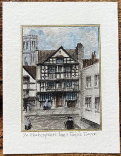 Aquarelle miniature historique de l'auberge Ye Shakespeare et de la tour Temple à Bristol