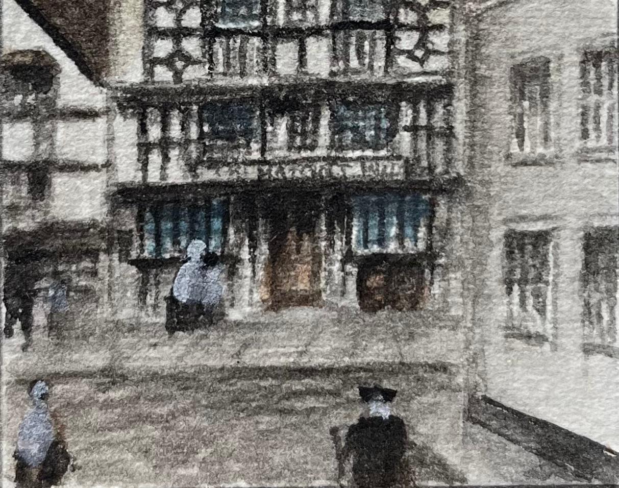 Historic Miniature Watercolor of Ye Shakespeare Inn and Temple Tower in Bristol - Gray Landscape Painting by Jack Grunwell
