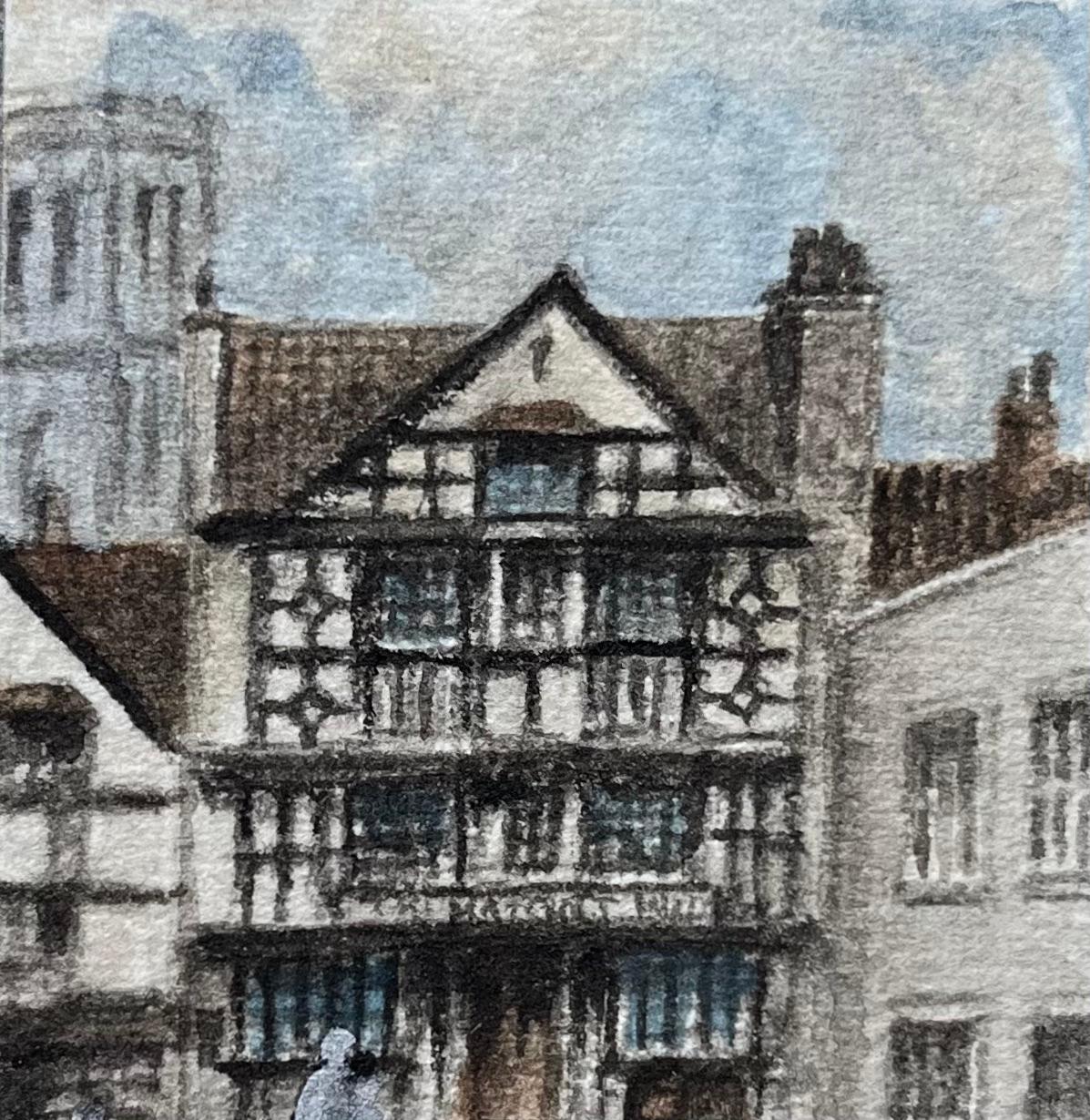 Historic Miniature Watercolor of Ye Shakespeare Inn and Temple Tower in Bristol - English School Painting by Jack Grunwell