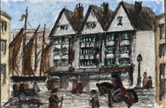 Acuarela histórica en miniatura de la posada Llandoger Trow y el velero en Bristol