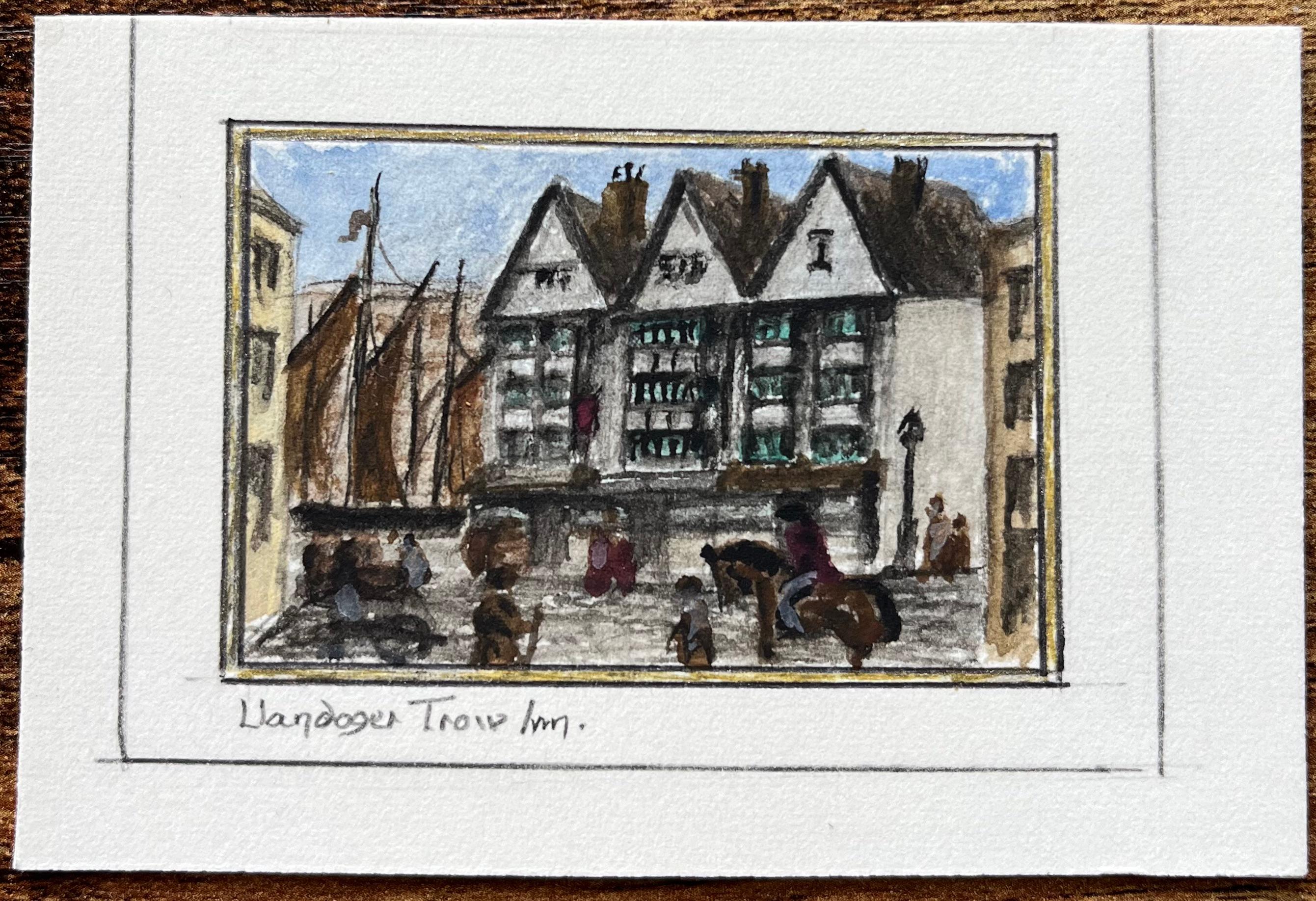 Acquerello storico in miniatura della locanda Llandoger Trow e della nave a vela a Bristol - Painting di Jack Grunwell