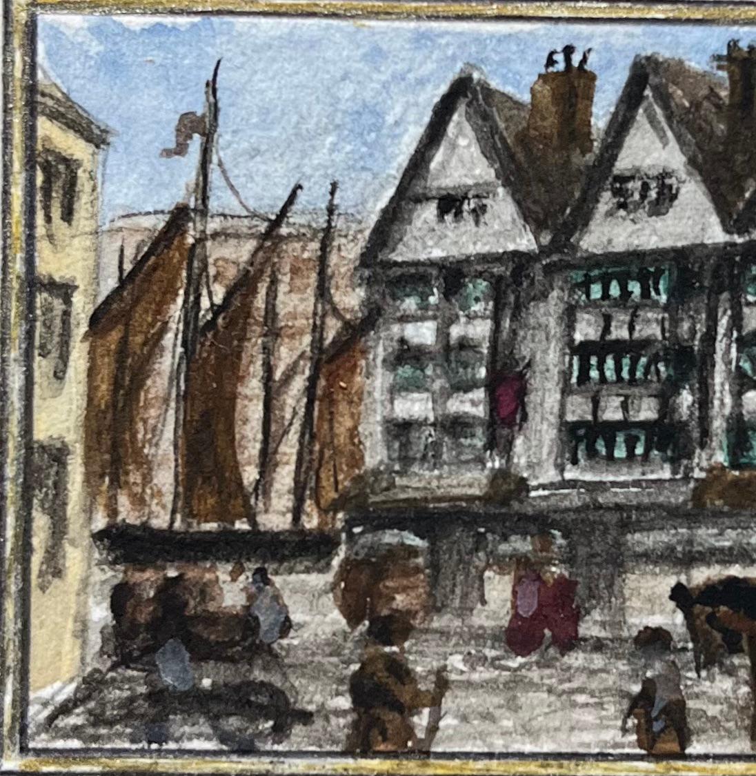 Acquerello storico in miniatura della locanda Llandoger Trow e della nave a vela a Bristol - Painting Scuola inglese di Jack Grunwell