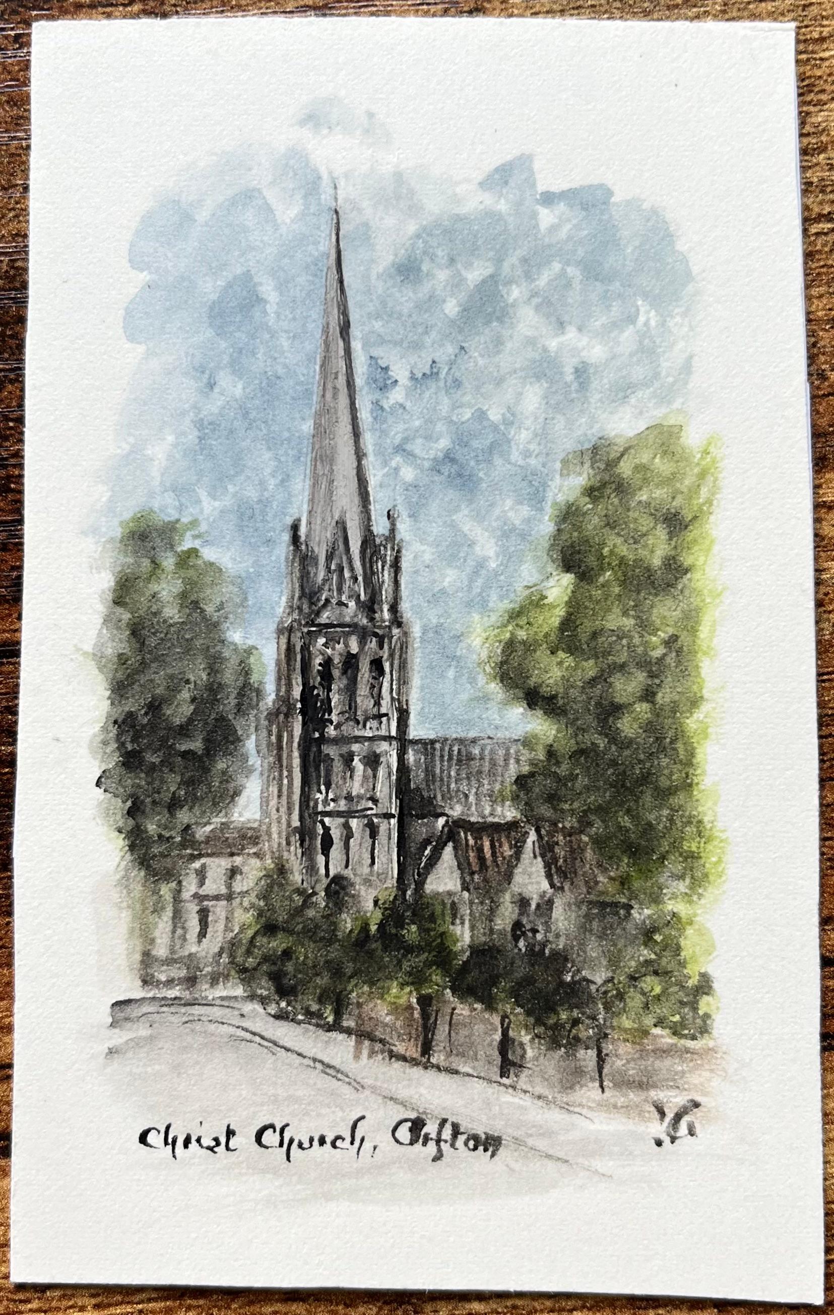 Historic Miniature Watercolor of Christ Church in Clifton - Painting by Jack Grunwell
