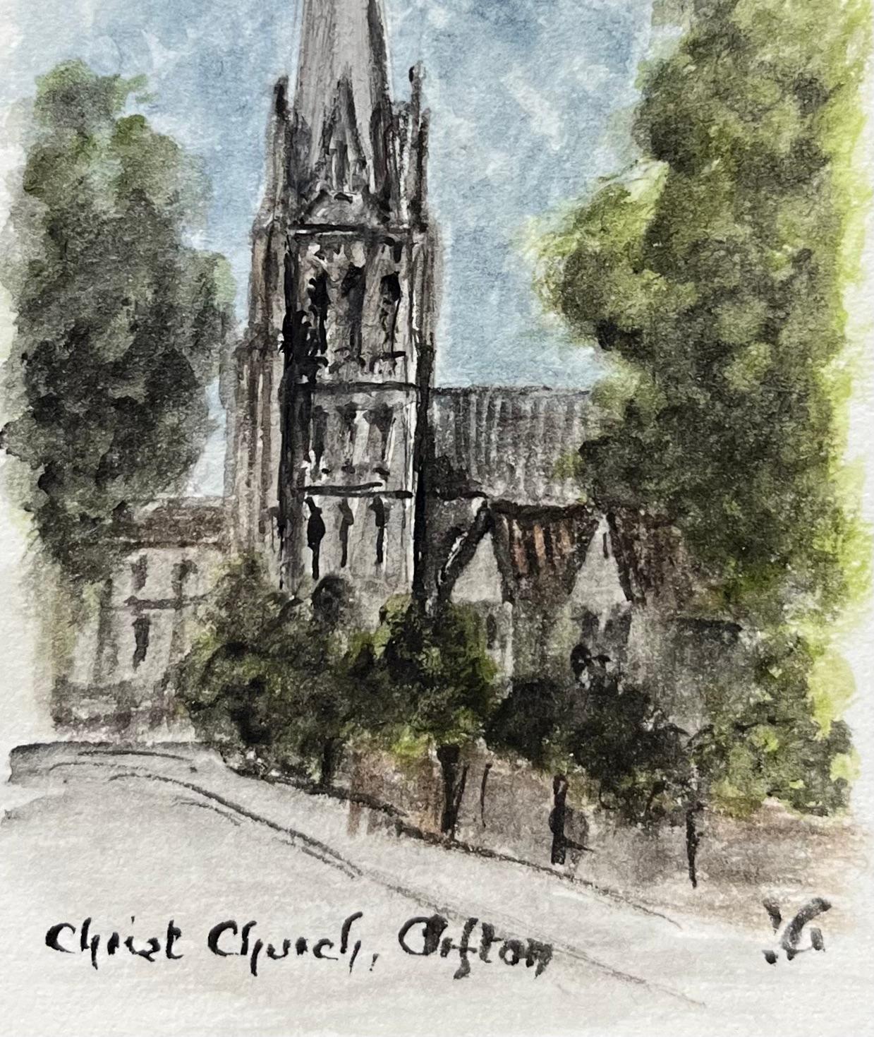 Historic Miniature Watercolor of Christ Church in Clifton - Gray Landscape Painting by Jack Grunwell