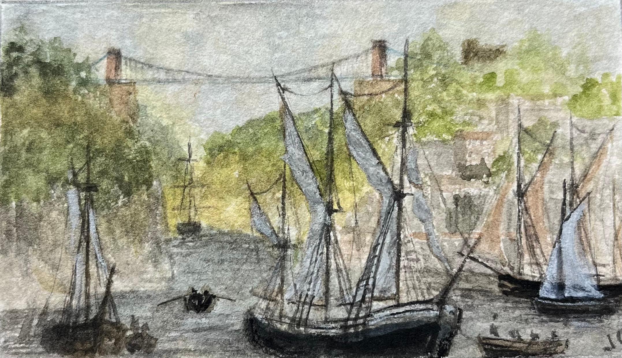 Jack Grunwell Landscape Painting - Miniature Watercolor of Bristol Looking Toward Clifton Suspension Bridge