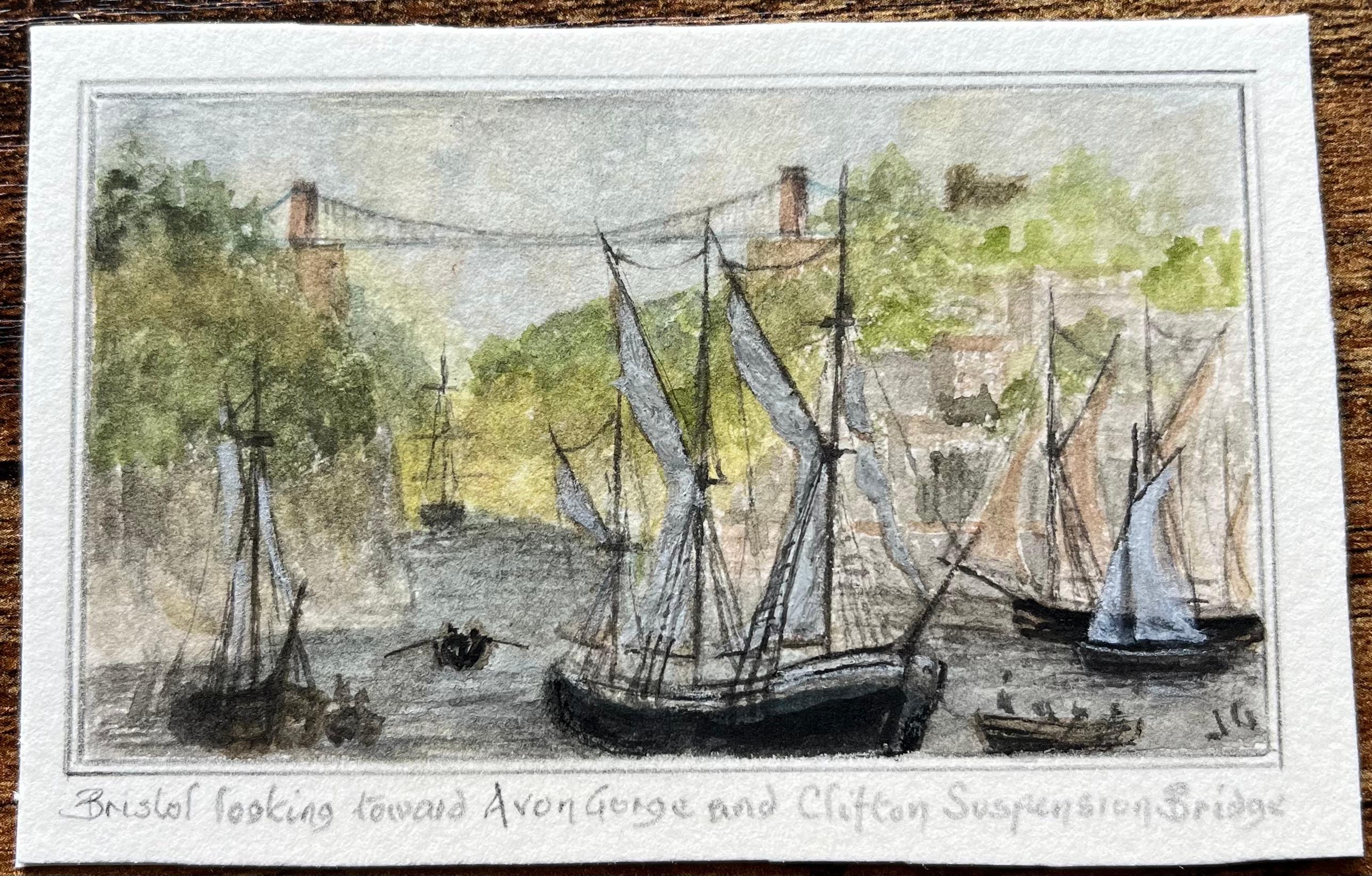 Miniature Watercolor of Bristol Looking Toward Clifton Suspension Bridge - Painting by Jack Grunwell