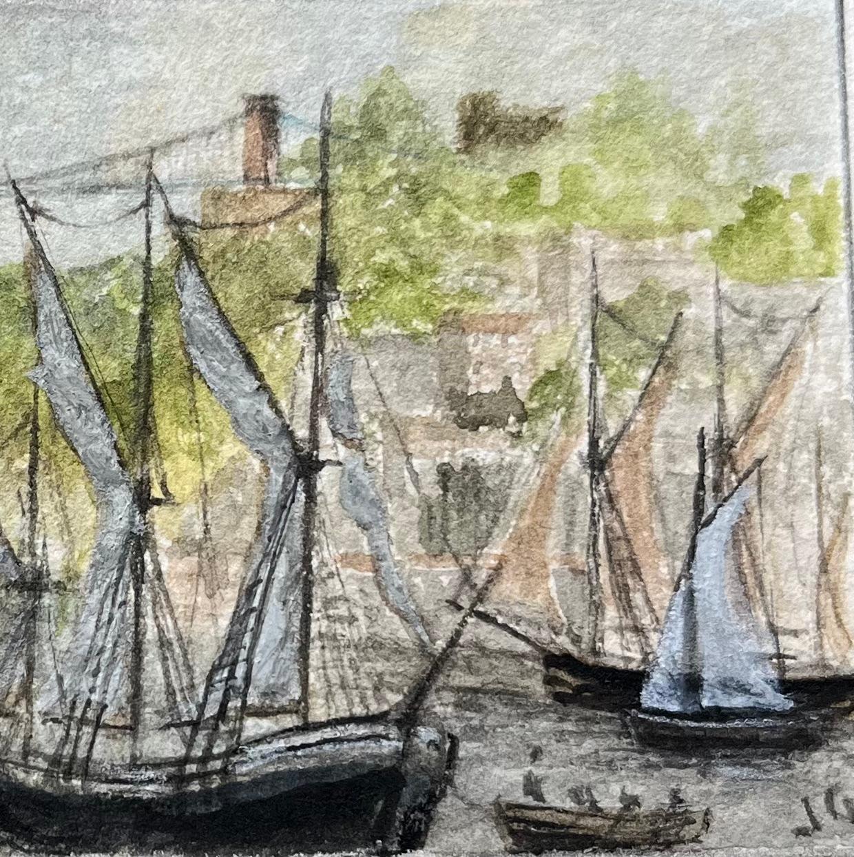 Miniature Watercolor of Bristol Looking Toward Clifton Suspension Bridge - Gray Landscape Painting by Jack Grunwell