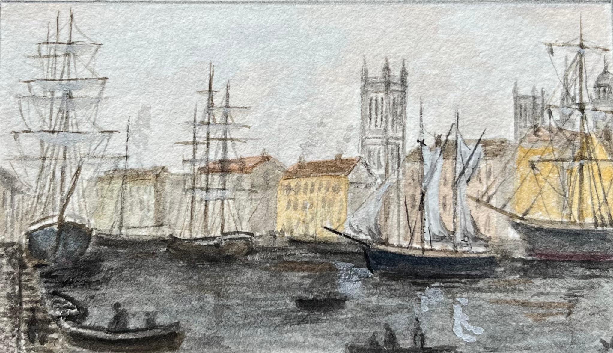 Histórica acuarela en miniatura de un puerto flotante en Bristol, hacia 1880