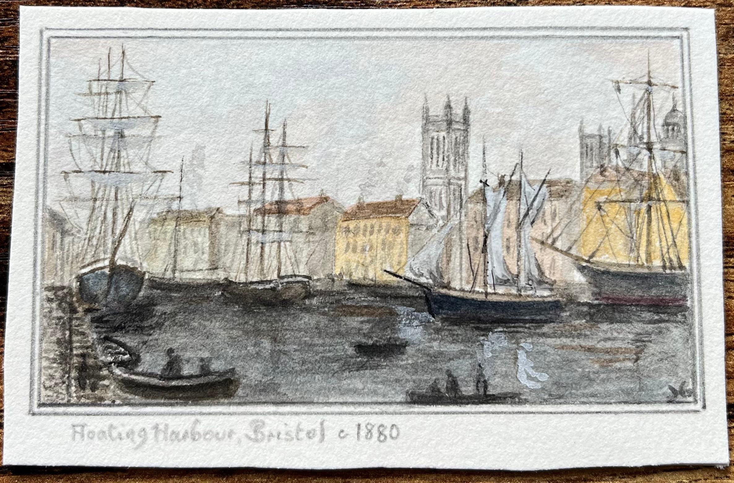 Historic Miniature Watercolor of Floating Harbour in Bristol circa 1880 - Painting by Jack Grunwell