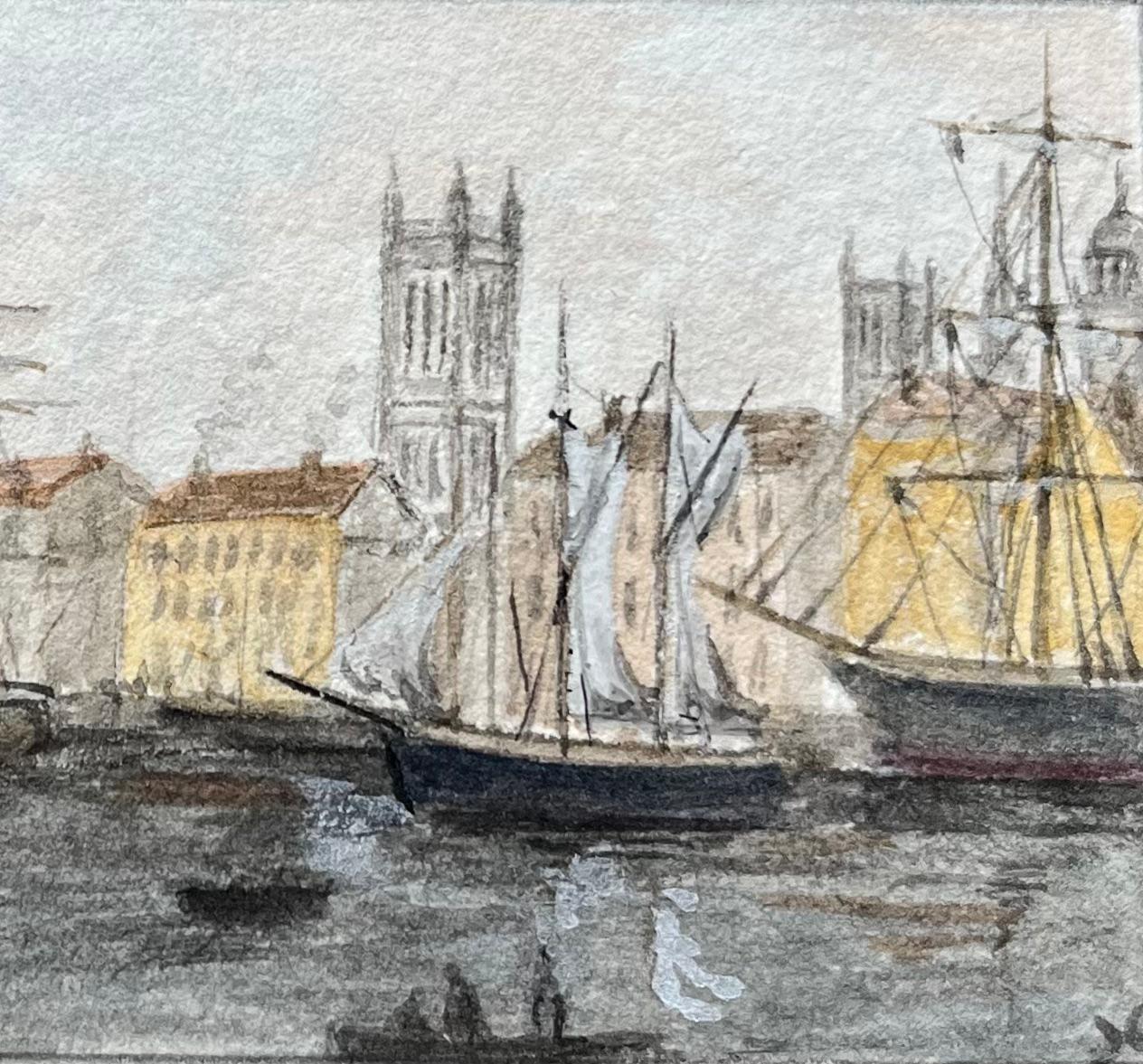 Historic Miniature Watercolor of Floating Harbour in Bristol circa 1880 - Gray Landscape Painting by Jack Grunwell