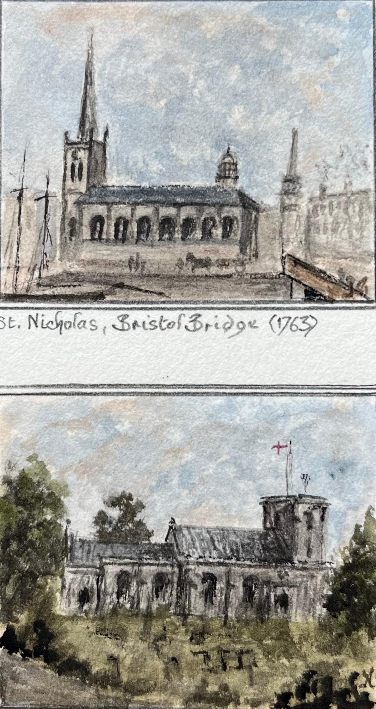 Jack Grunwell Landscape Painting - St Nicholas Bristol Bridge 1763 and St Mary the Virgin Hunbury Watercolours
