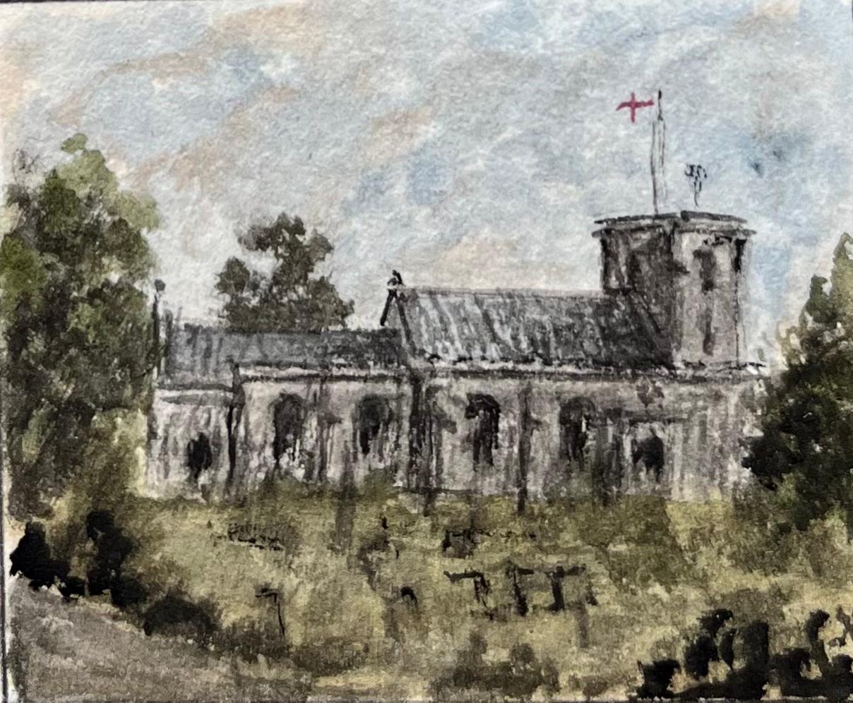St Nicholas Bristol Bridge 1763 and St Mary the Virgin Hunbury Watercolours - Gray Landscape Painting by Jack Grunwell