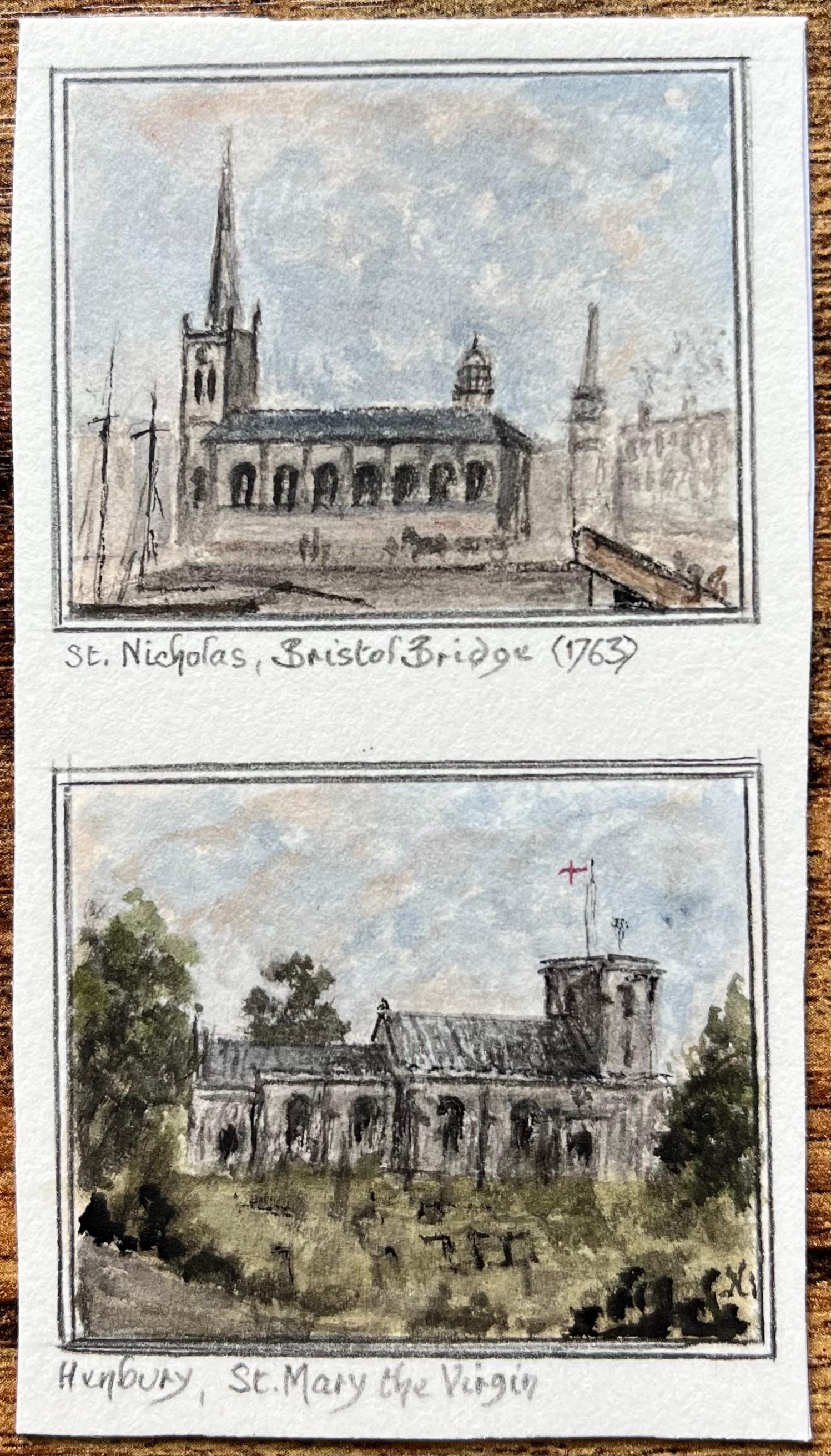 St Nicholas Bristol Bridge 1763 and St Mary the Virgin Hunbury Watercolours - Painting by Jack Grunwell