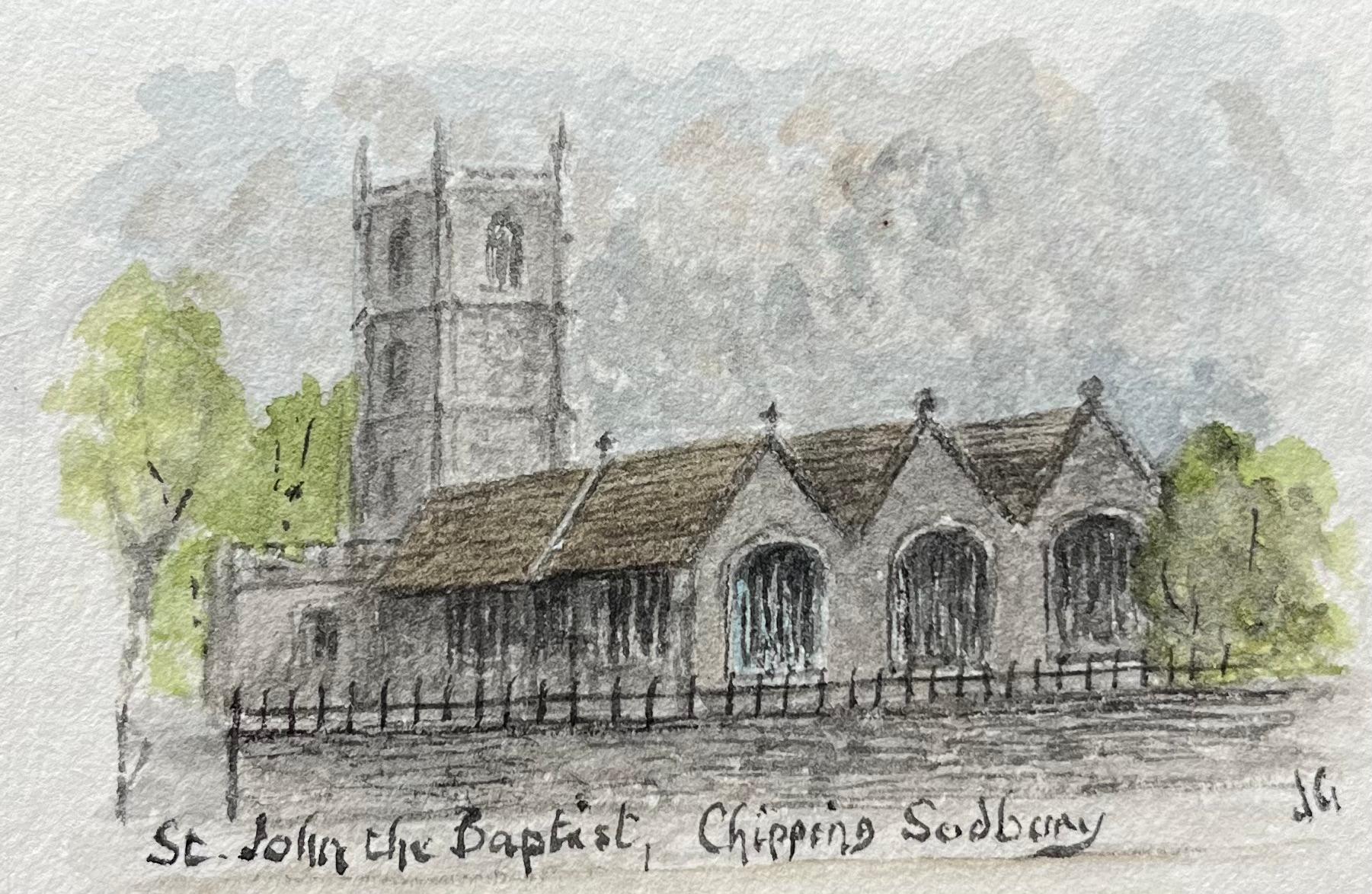 Jack Grunwell Landscape Painting – Miniatur-Aquarell von St. John the Baptist Chipping Sodbury