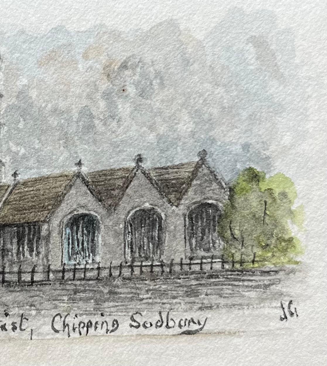 Miniatur-Aquarell von St. John the Baptist Chipping Sodbury (Grau), Landscape Painting, von Jack Grunwell