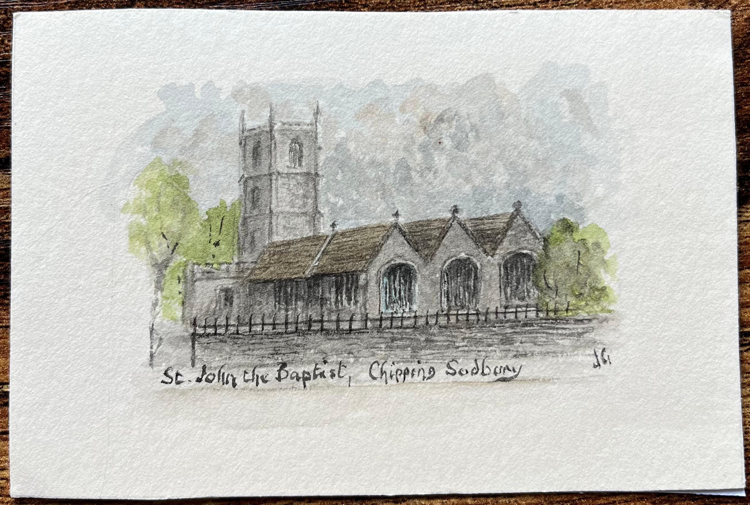 Miniatur-Aquarell von St. John the Baptist Chipping Sodbury – Painting von Jack Grunwell