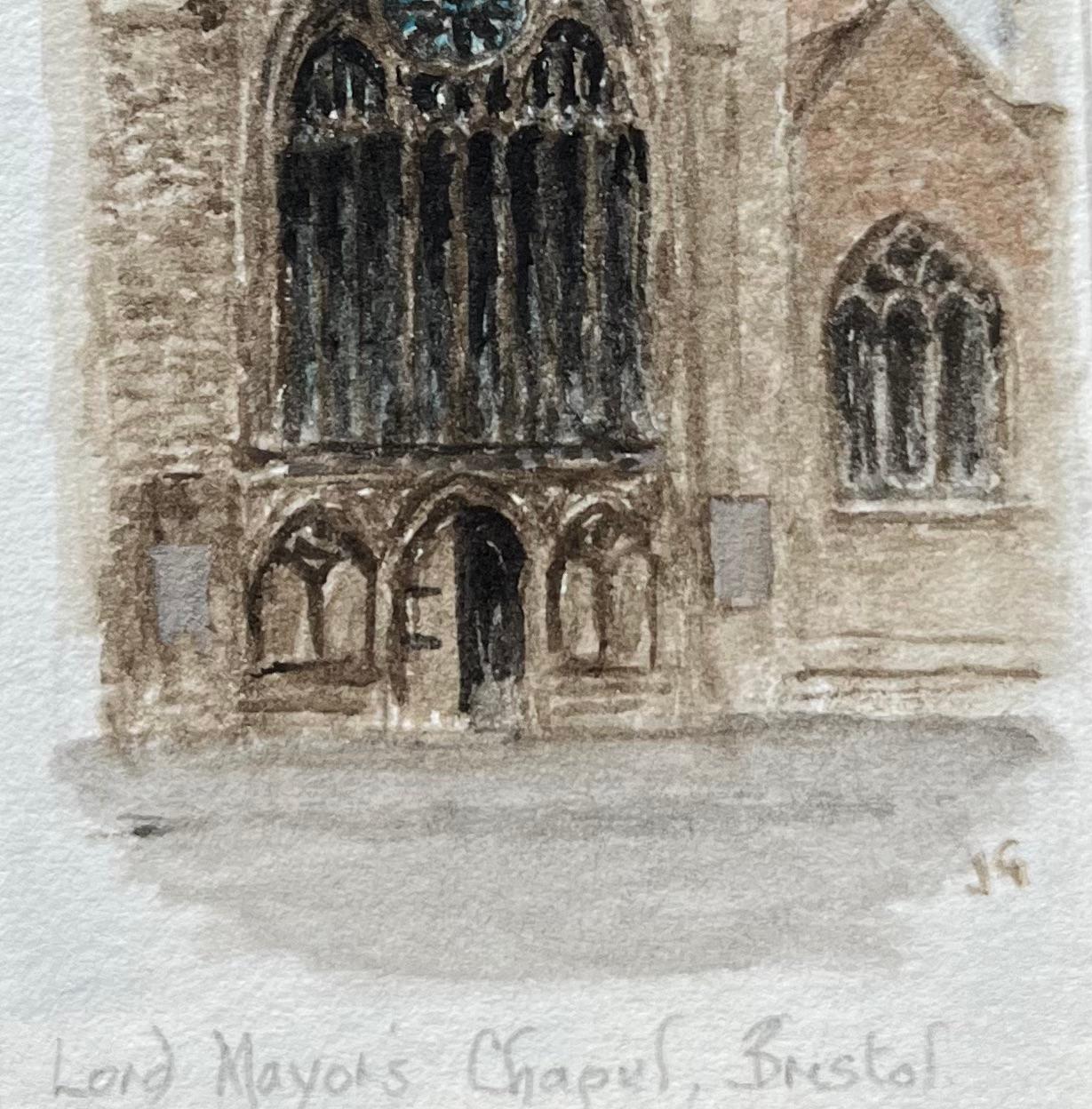 Aquarelle miniature historique de la chapelle de Lord MayORS à Bristol - Gris Landscape Art par Jack Grunwell