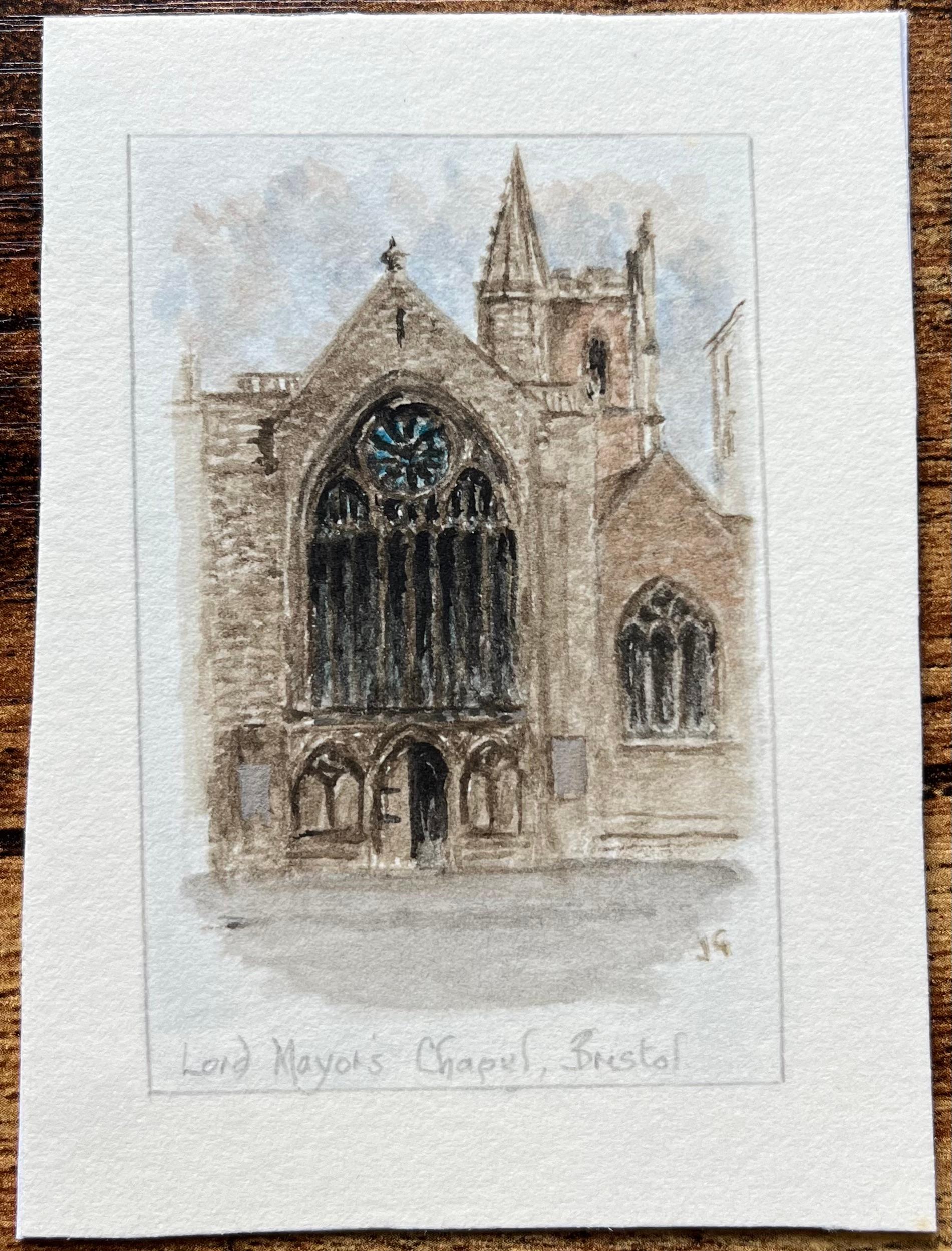 Aquarelle miniature historique de la chapelle de Lord MayORS à Bristol - Art de Jack Grunwell
