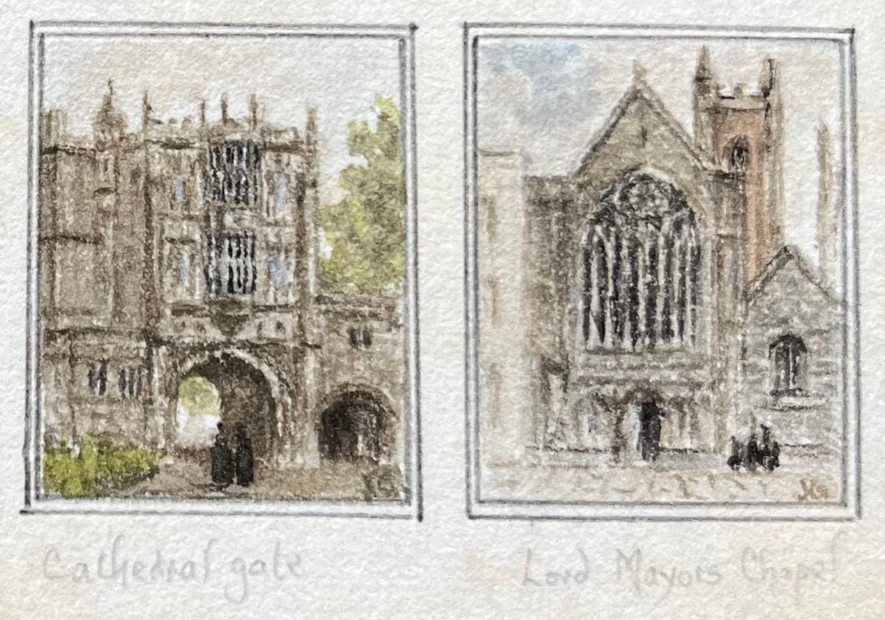 Historische Sammlung von vier Aquarellen aus der Kirche und Kathedrale von Bristol (Grau), Landscape Painting, von Jack Grunwell