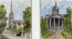 Acuarela histórica en miniatura de la Iglesia de Cristo de Clifton y la Iglesia de Redland