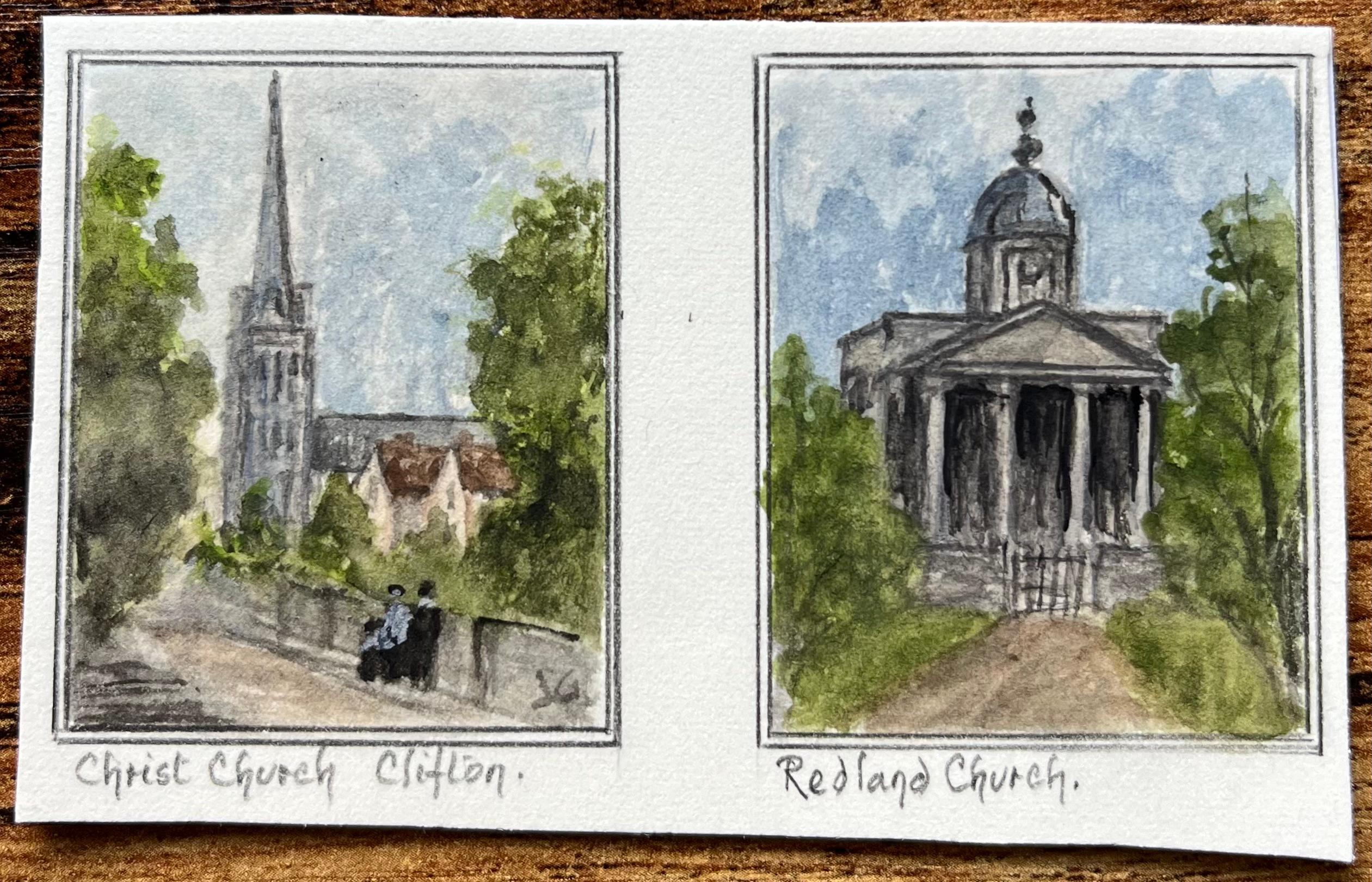Historisches Miniatur-Aquarell der Christ Church Clifton und der Redland Church – Painting von Jack Grunwell