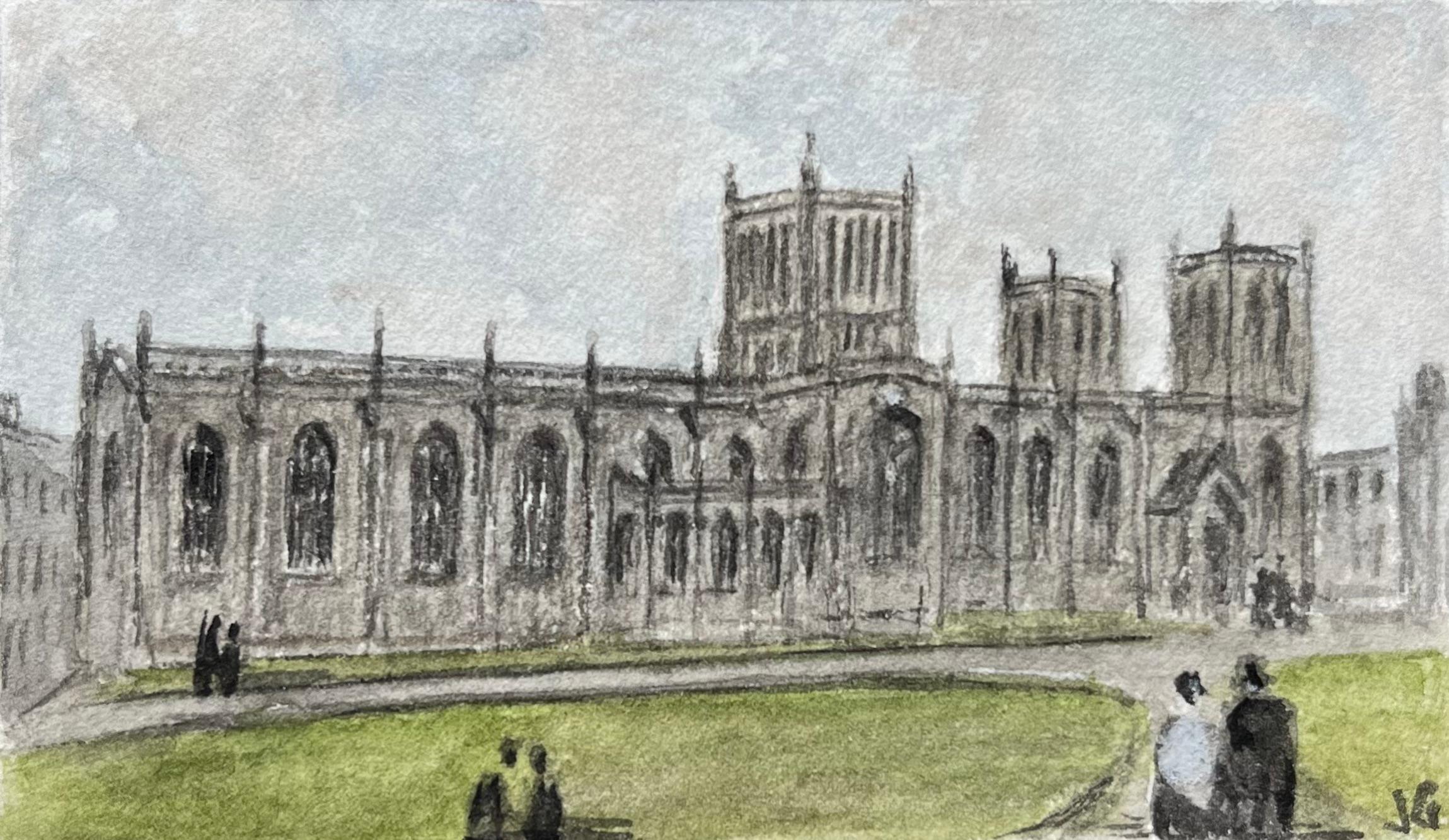 Landscape Painting Jack Grunwell - Aquarelle miniature historique de la cathédrale de Bristol depuis College Green