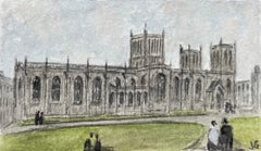 Acuarela histórica en miniatura de la catedral de Bristol desde College Green