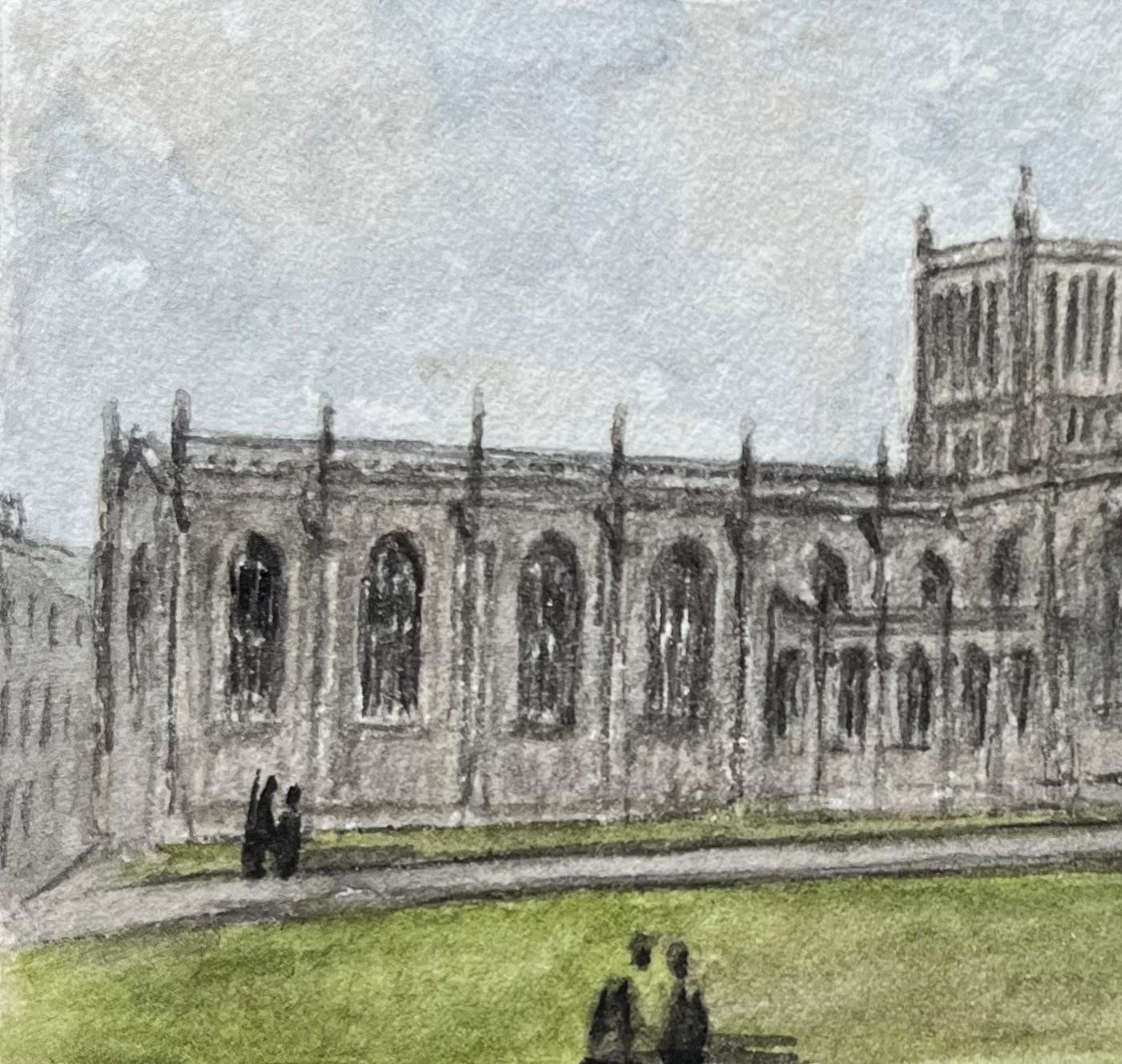 Aquarelle miniature historique de la cathédrale de Bristol depuis College Green - Gris Landscape Painting par Jack Grunwell