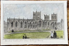 Historic Miniature Watercolor of Bristol Cathedral from College Green