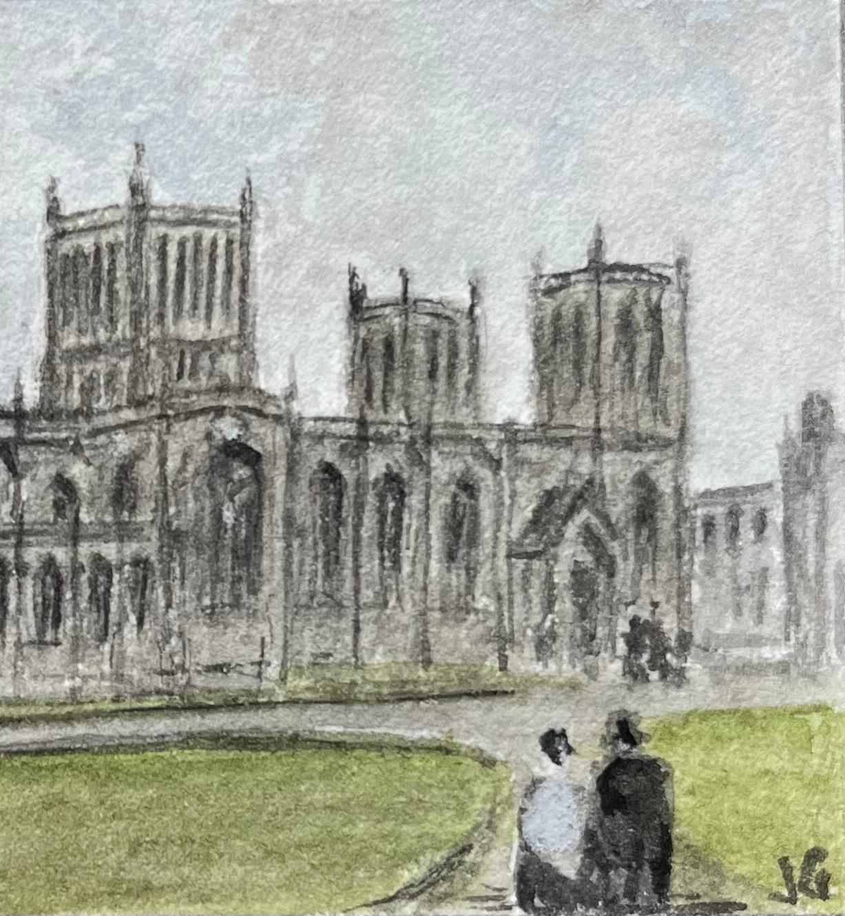 Aquarelle miniature historique de la cathédrale de Bristol depuis College Green - École anglaise Painting par Jack Grunwell