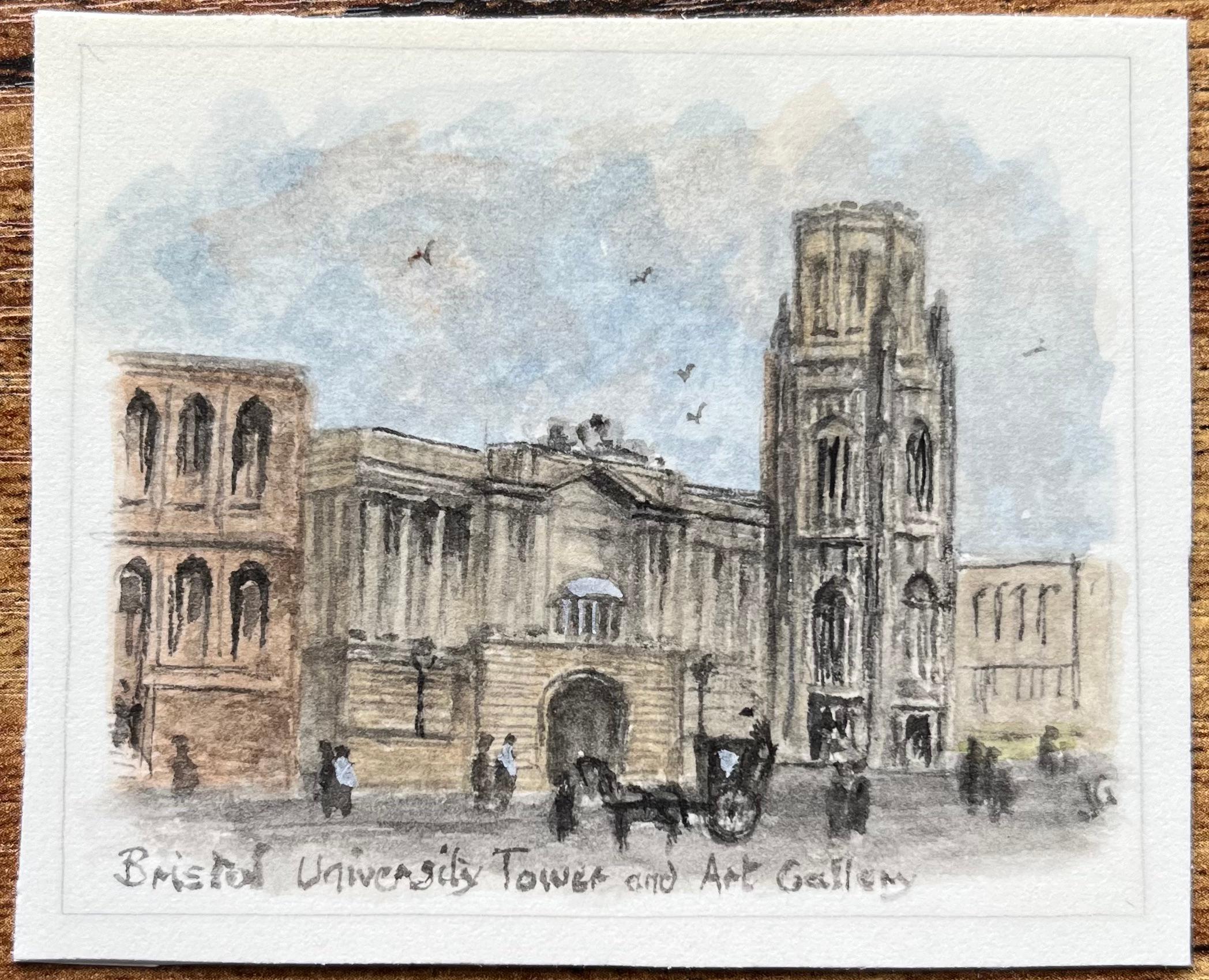Historic Miniature Watercolor of Bristol University Tower and Art Gallery - Painting by Jack Grunwell