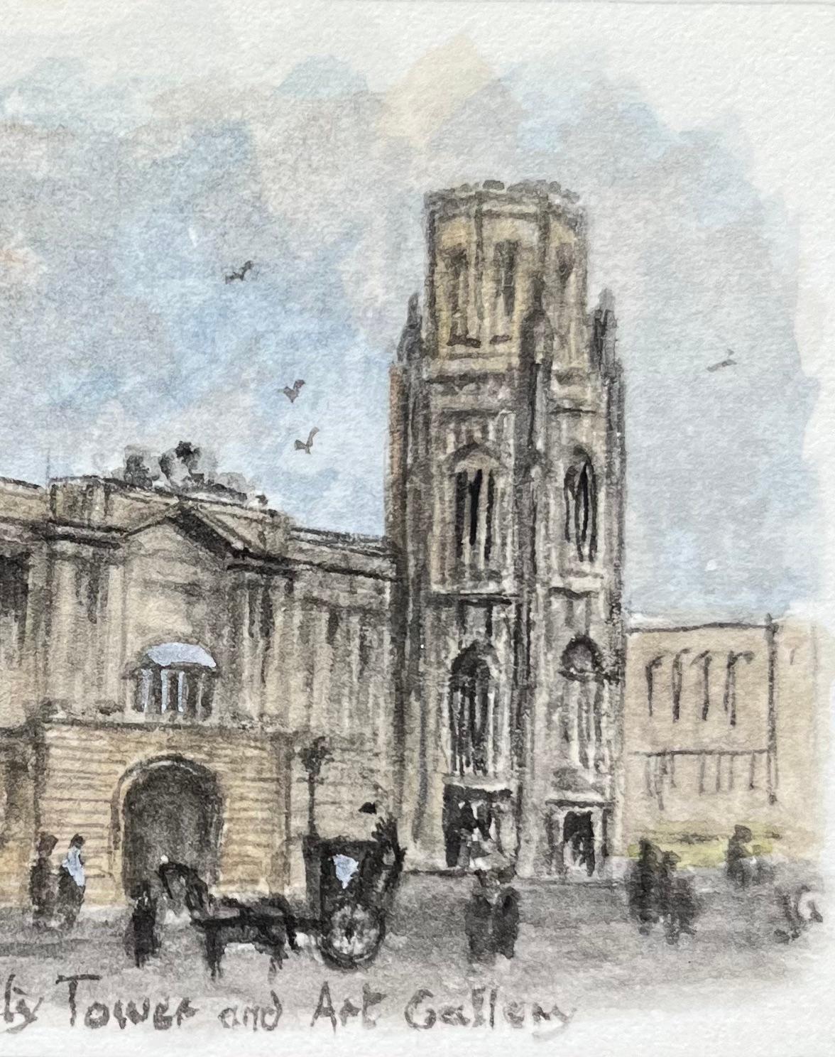 Historic Miniature Watercolor of Bristol University Tower and Art Gallery - English School Painting by Jack Grunwell