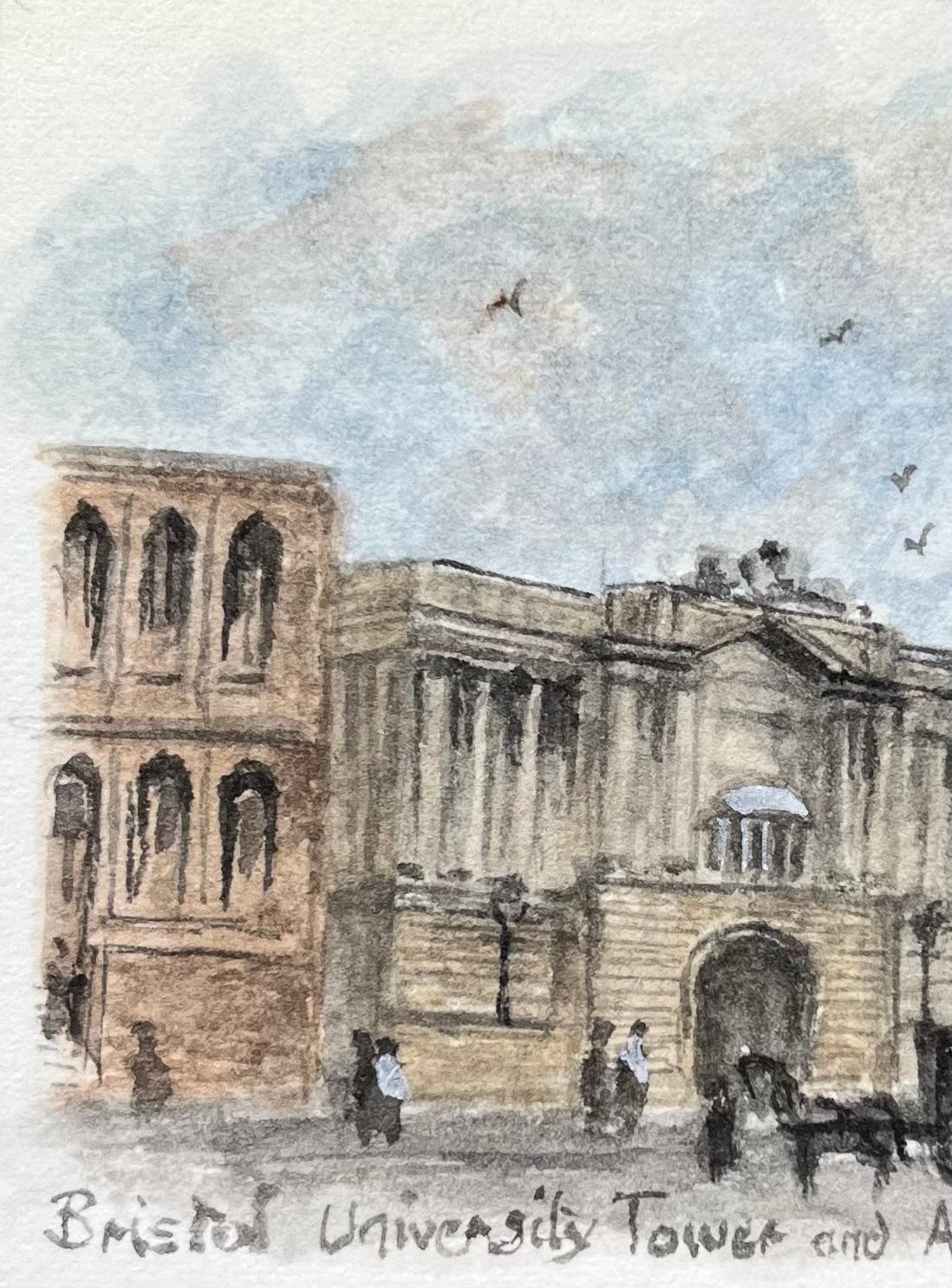 Historic Miniature Watercolor of Bristol University Tower and Art Gallery - Gray Landscape Painting by Jack Grunwell