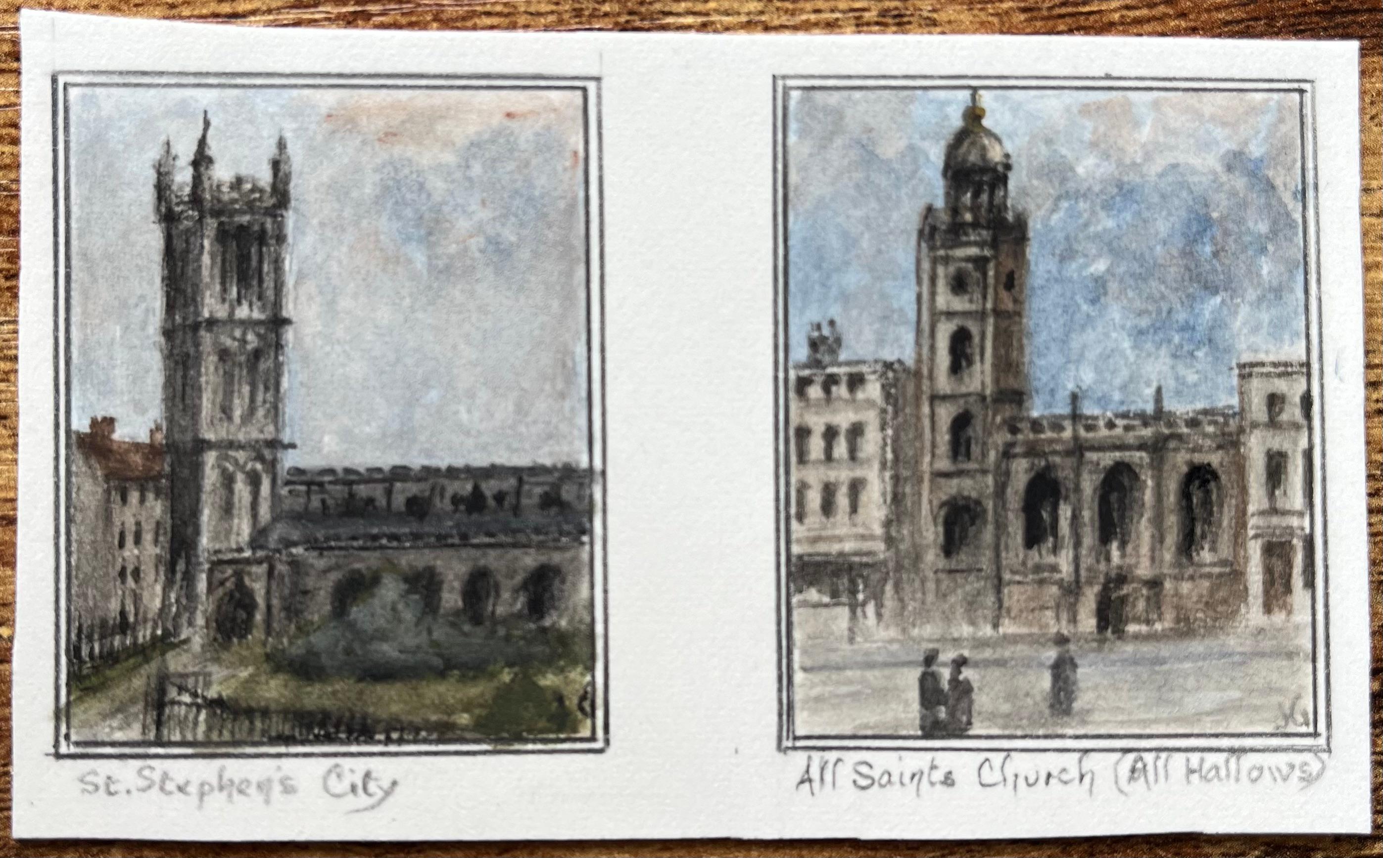 St Stephens City and All Saints Church All Hallows Historic Watercolor Set - Art by Jack Grunwell