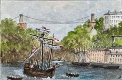 Acuarela histórica en miniatura de The Matthew en Bristol y el puente colgante