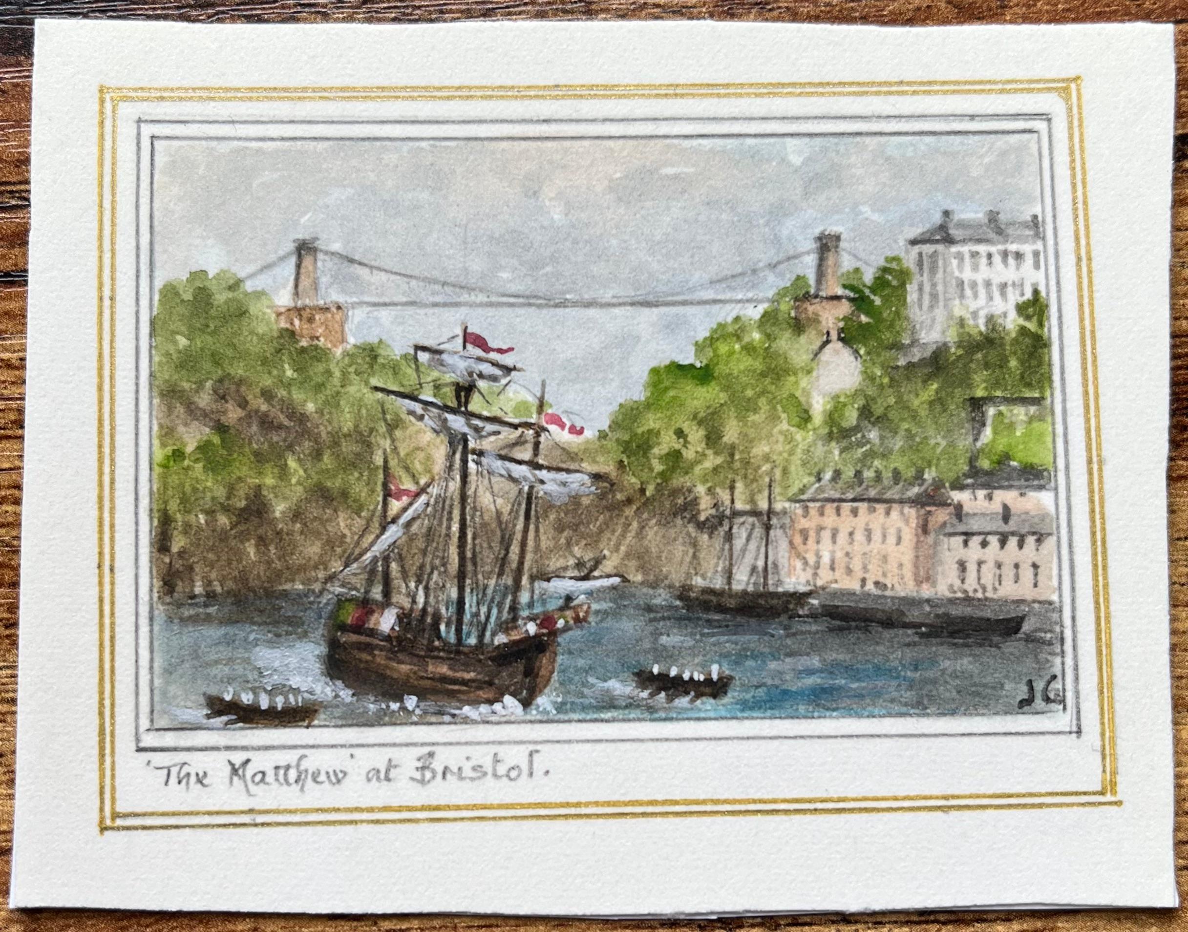 Acuarela histórica en miniatura de The Matthew en Bristol y el puente colgante - Painting de Jack Grunwell