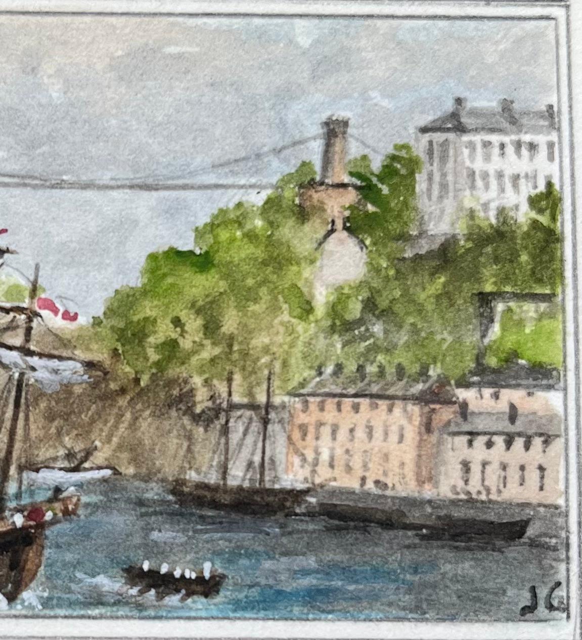 Acuarela histórica en miniatura de The Matthew en Bristol y el puente colgante - Landscape Painting Gris de Jack Grunwell