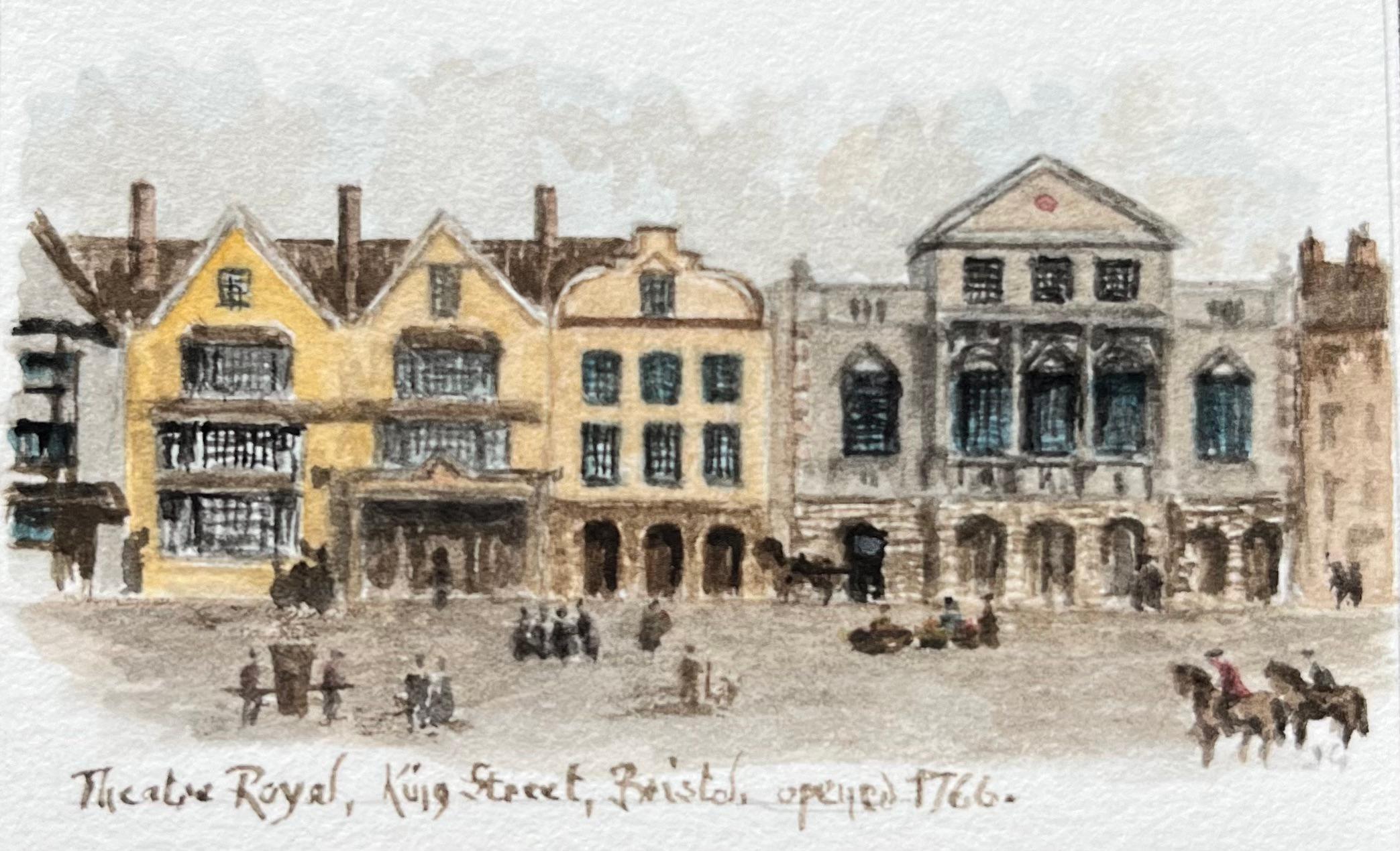 Jack Grunwell Landscape Painting - Historic Miniature Watercolor of Theatre Royal on King Street in Bristol