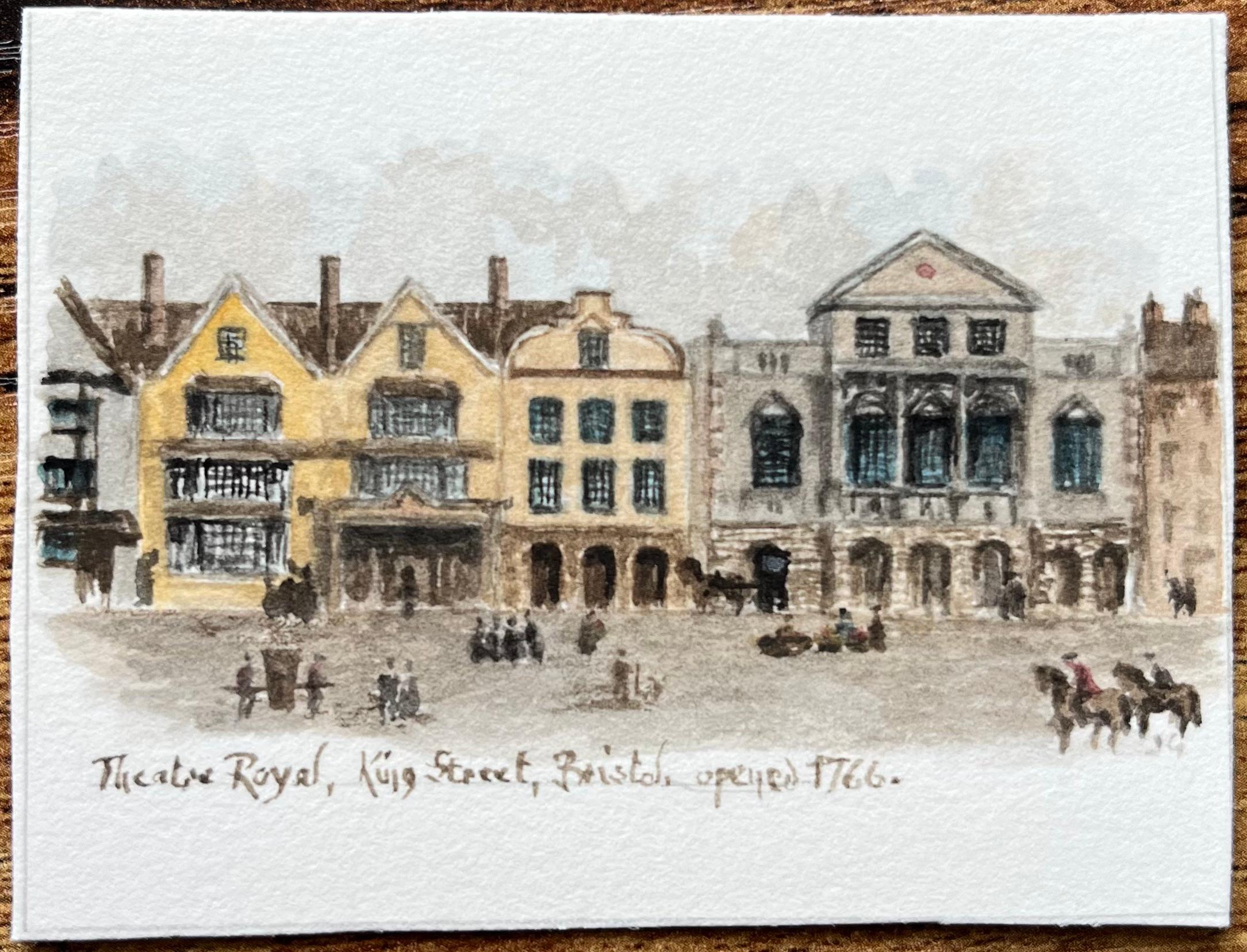 Historic Miniature Watercolor of Theatre Royal on King Street in Bristol - Painting by Jack Grunwell