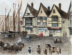 Miniatura histórica acuarela portuaria de la posada Llandoger Trow en Bristol