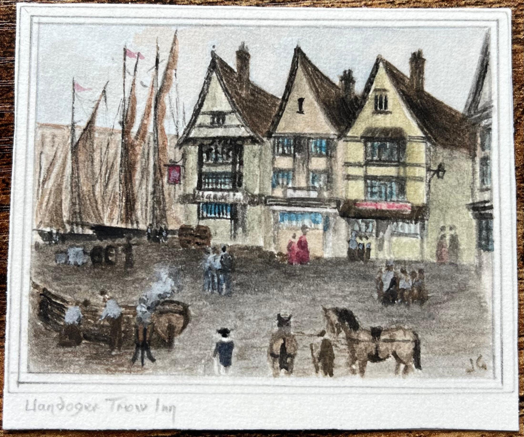 Historic Miniature Harbourside Watercolor of the Llandoger Trow Inn in Bristol - Painting by Jack Grunwell