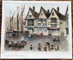 Acquerello storico in miniatura della locanda Llandoger Trow di Bristol sul lungomare