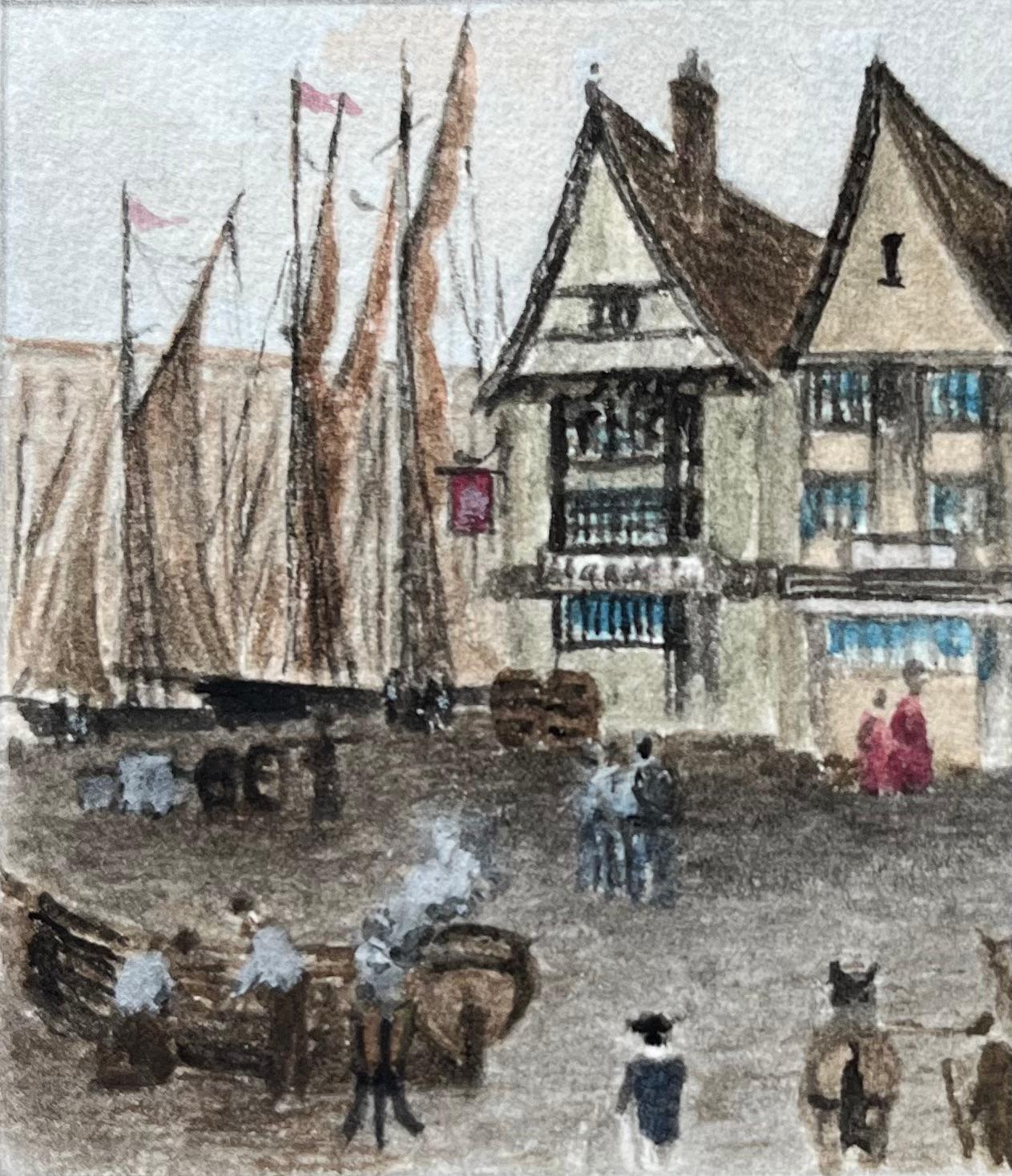Historic Miniature Harbourside Watercolor of the Llandoger Trow Inn in Bristol - Gray Landscape Painting by Jack Grunwell