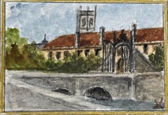 Historic Miniature Watercolor of Magdalen College Oxford with Bridge and Tower