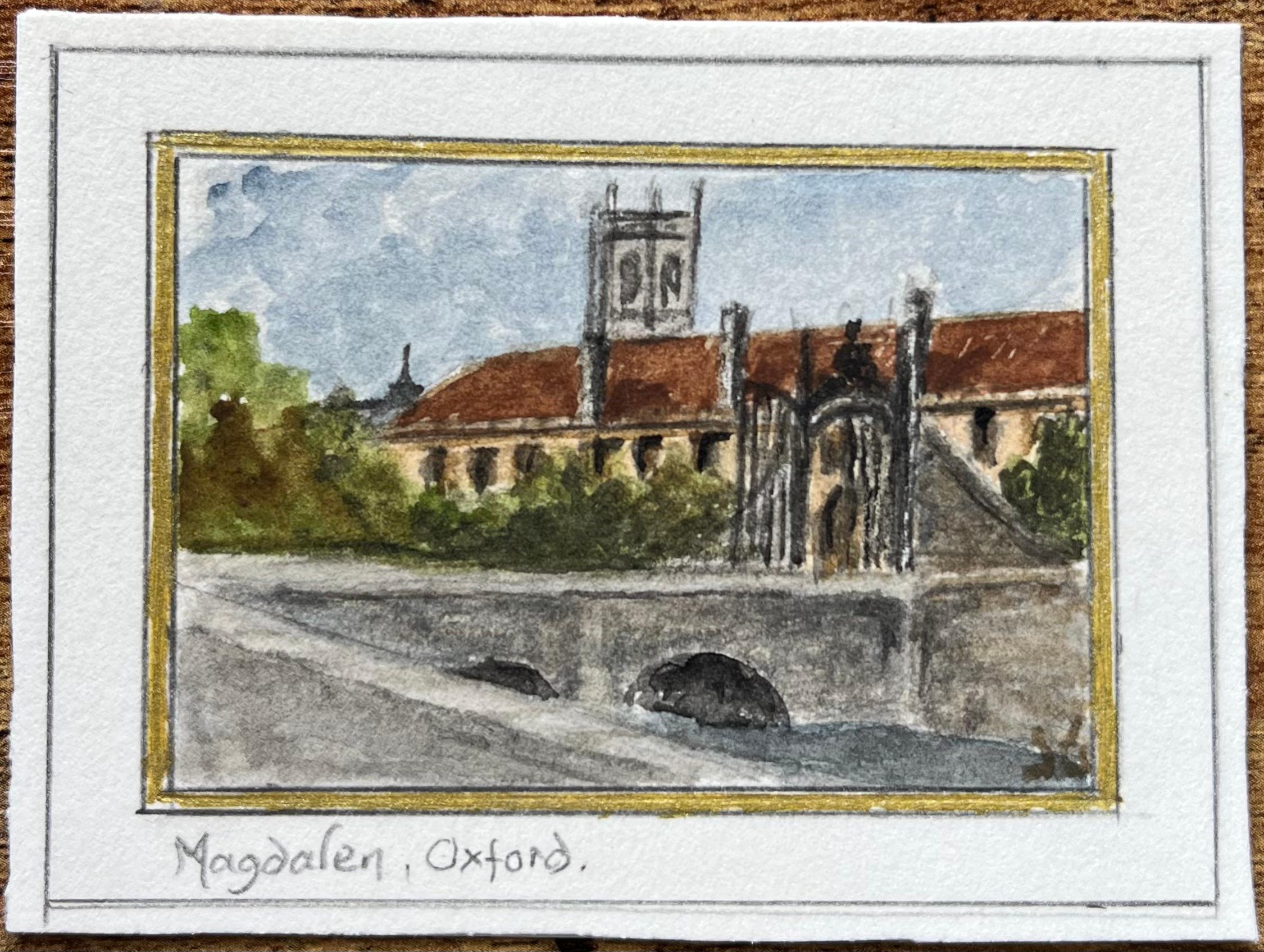 Acquerello storico in miniatura del Magdalen College di Oxford con ponte e torre - Painting di Jack Grunwell