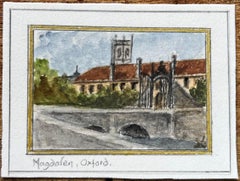 Historic Miniature Watercolor of Magdalen College Oxford with Bridge and Tower