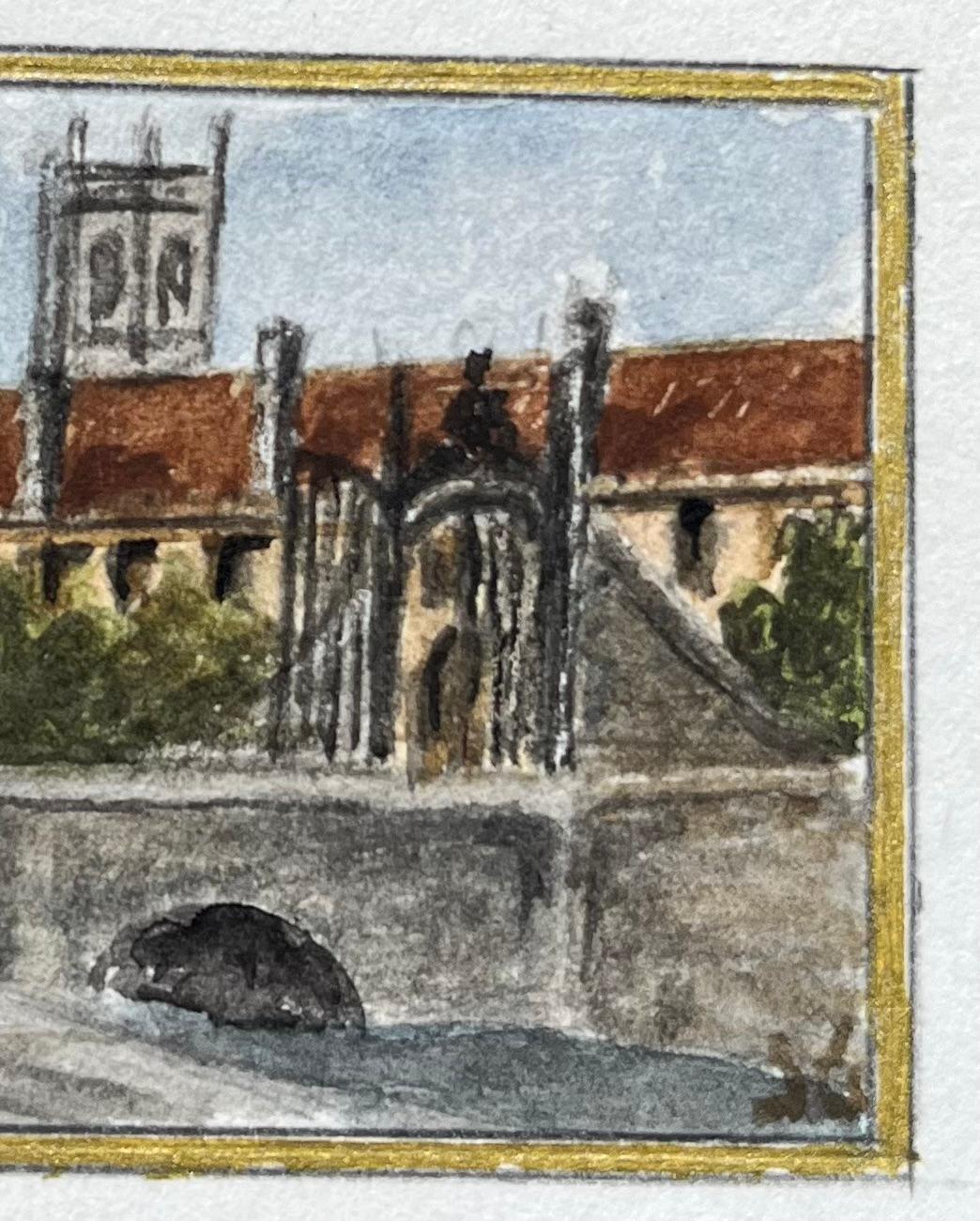 Acquerello storico in miniatura del Magdalen College di Oxford con ponte e torre - Painting Scuola inglese di Jack Grunwell